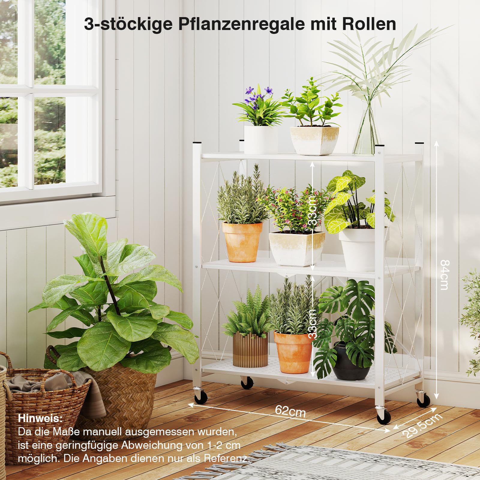 ALANNG Blumenständer mit Rädern, 3 Ablagen Stabiler Pflanzenständer | Metall Pflanzenregal Indoor Einfach/Klappbar, Weiß