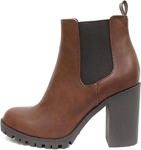 Soda Glove - Ankle Boot w/Lug Sole Elastic Gore and Chunky Heel (8, Brown (PU))