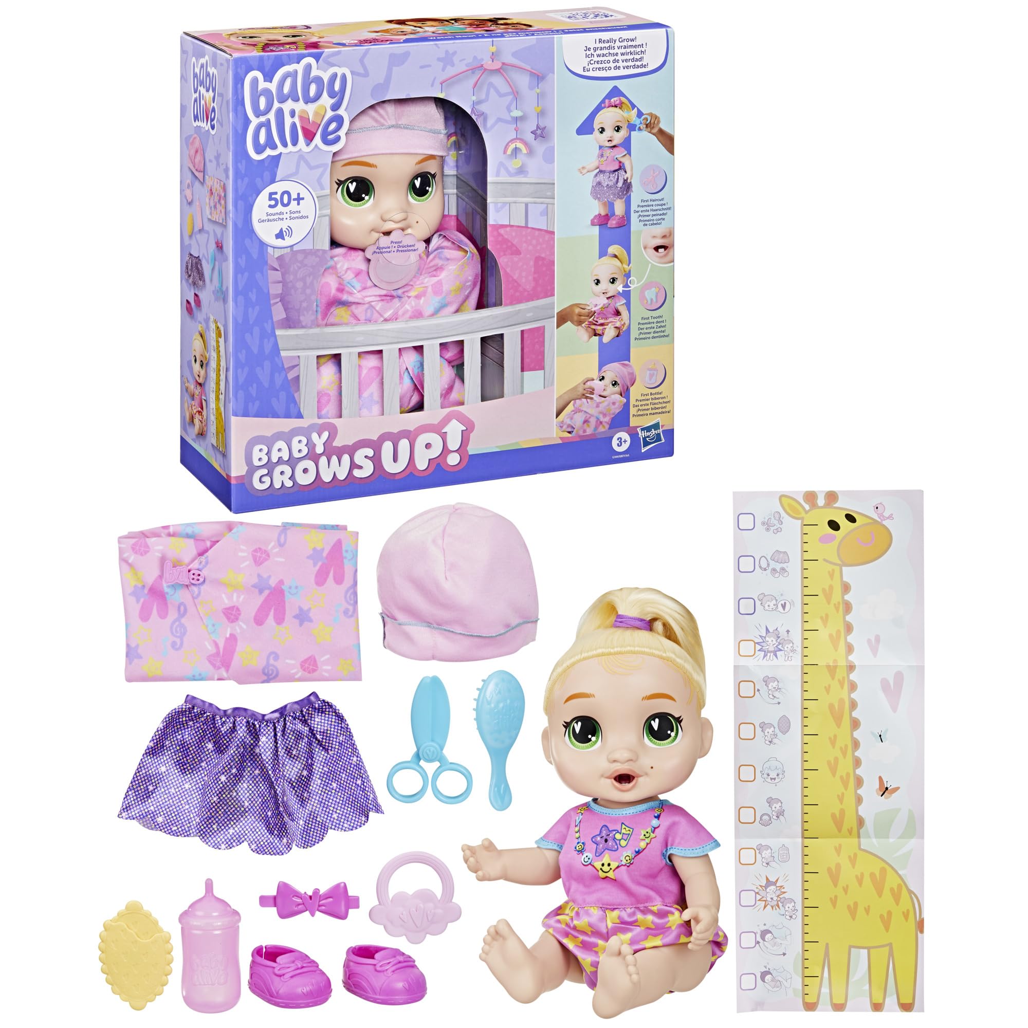 Baby Alive Bébé grandit Lala GooGoo, Coffret poupée Interactive, Jouet pour Filles Qui Grandit, Parle Anglais et Espagnol, 3 Étapes de Croissance, Plus de 75 Sons et Phrases, Jouet Dès 3 Ans