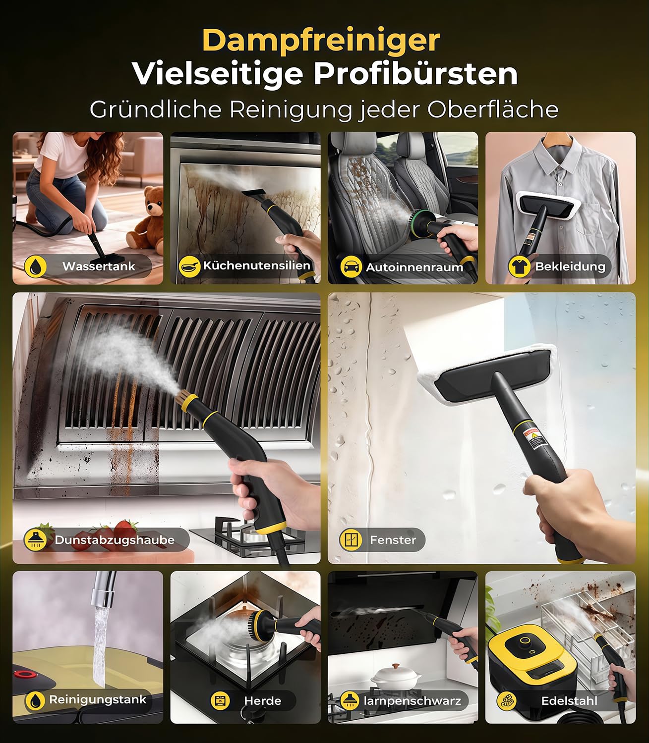 Dampfreiniger Handgerät mit 18-Teiligem Zubehör, 9s Turbo-Dampf mit 5 BAR Druck – 99,99% Reinigung & 100% Natürlich,Steam Cleaner für Boden, Küche, Bad, Fenster, Polster(Upgrade-Yellow)
