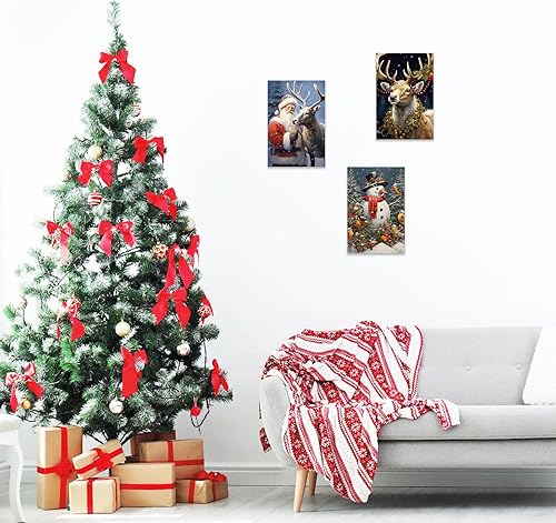 Miniatura 9 de Arte de pared de Navidad, 3 piezas, muñeco de nieve, reno, árbol de granero rojo, póster de automóvil, impresión en lienzo, cuadros vintage de Año