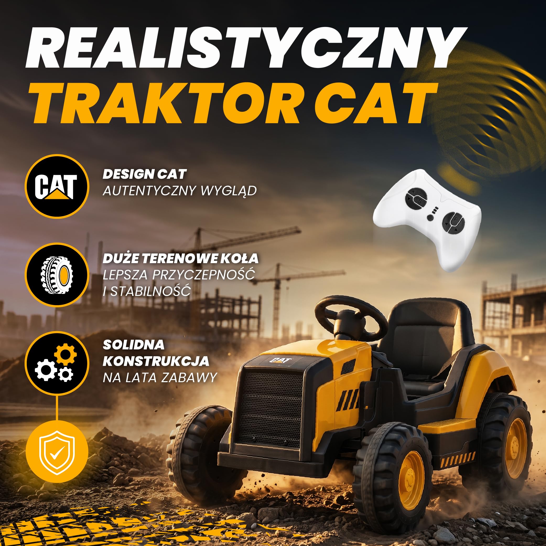SUN BABY CAT – Elektryczny Traktor Dziecięcy, Jeździk samochód na akumulator 12V z Pilotem, MP3 USB, Pasy Bezpieczeństwa, Duże Koła, Pojazd na Akumulator dla Dzieci 3–6 Lat