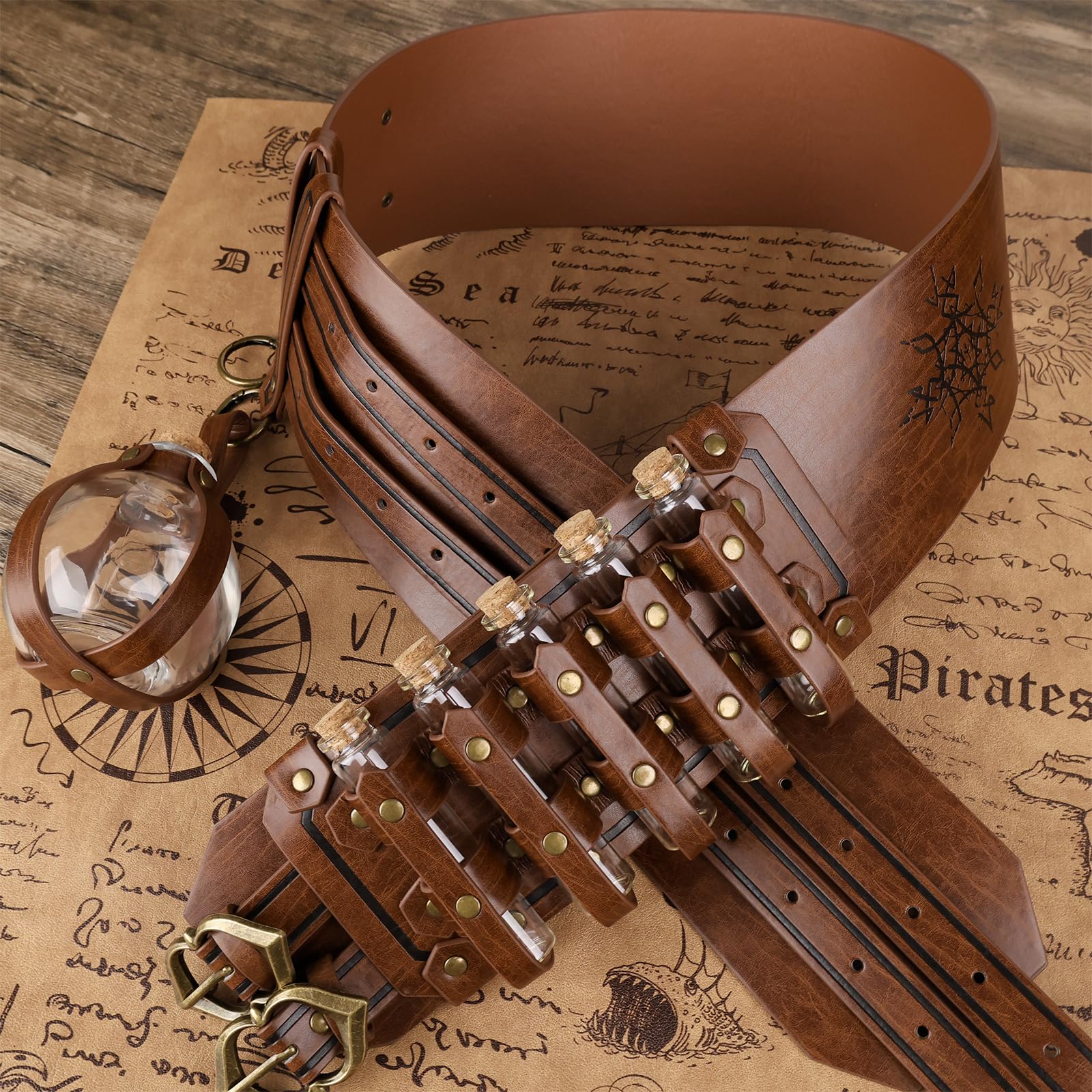 HiiFeuer 5 pezzi Cintura larga in ecopelle in stile medievale per alchimia con fiaschette per pozioni da escursione e bottiglia di vetro, cintura corsetto fantasy per cosplay(Marrone A)