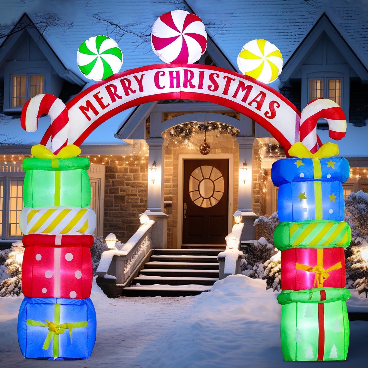 DomKom 8FT Christmas Inflatables Arch Gift Boxes with Candy, Blow Up Decoration Archway Outdoor Inflatable Decoration, Built-in LEDs for Holiday Party, Garden, Lawn, Yard, Patio, Indoor, Outdoor