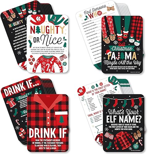 Big Dot of Happiness Pijamas de Navidad – 4 juegos de fiesta de pijamas a cuadros – 10 tarjetas cada uno – Paquete Gamerific