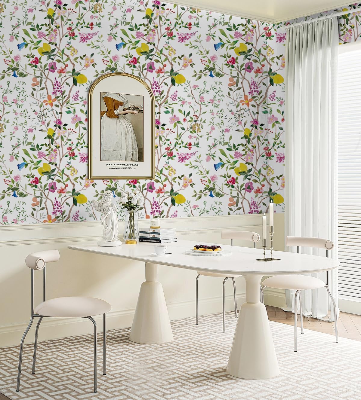 HAOKHOME Peel and Stick Wallpaper Floral Chinoiserie Frensh Farmhouse Wall Paper Lemon Removable for Bedroom White/Pink/Green Nursery Kids Room 17.3in x 9.8ft