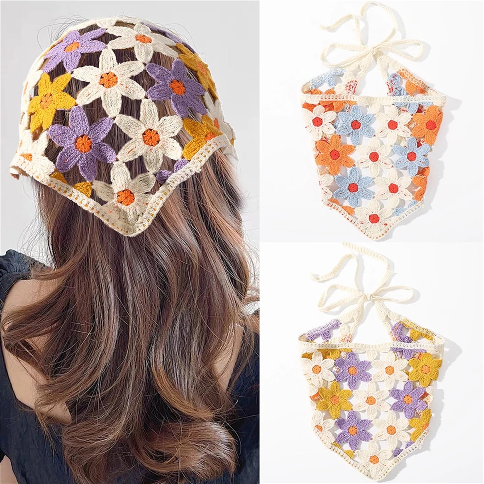 2 Piezas de Diademas de Bufanda Triangular de Punto for Mujer, Bandana con Flores Huecas, Accesorios for el Cabello para Mujer(Yellow 2)