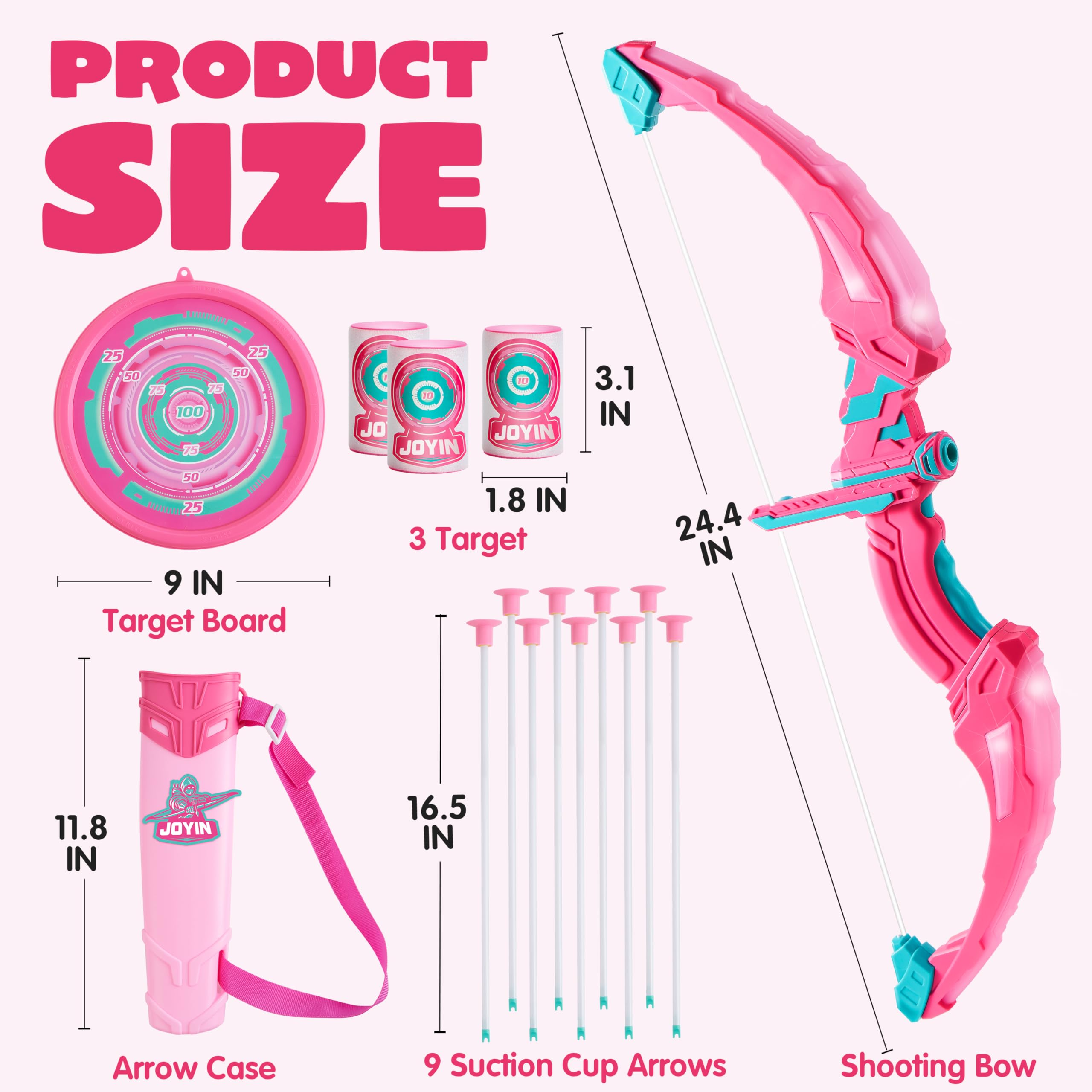 JOYIN Set con frecce e arco per bambini di 6 anni, con illuminazione a LED, con frecce a ventosa, bersaglio e custodia per frecce, giocattolo per interni ed esterni, per bambini e ragazzi (rosa)