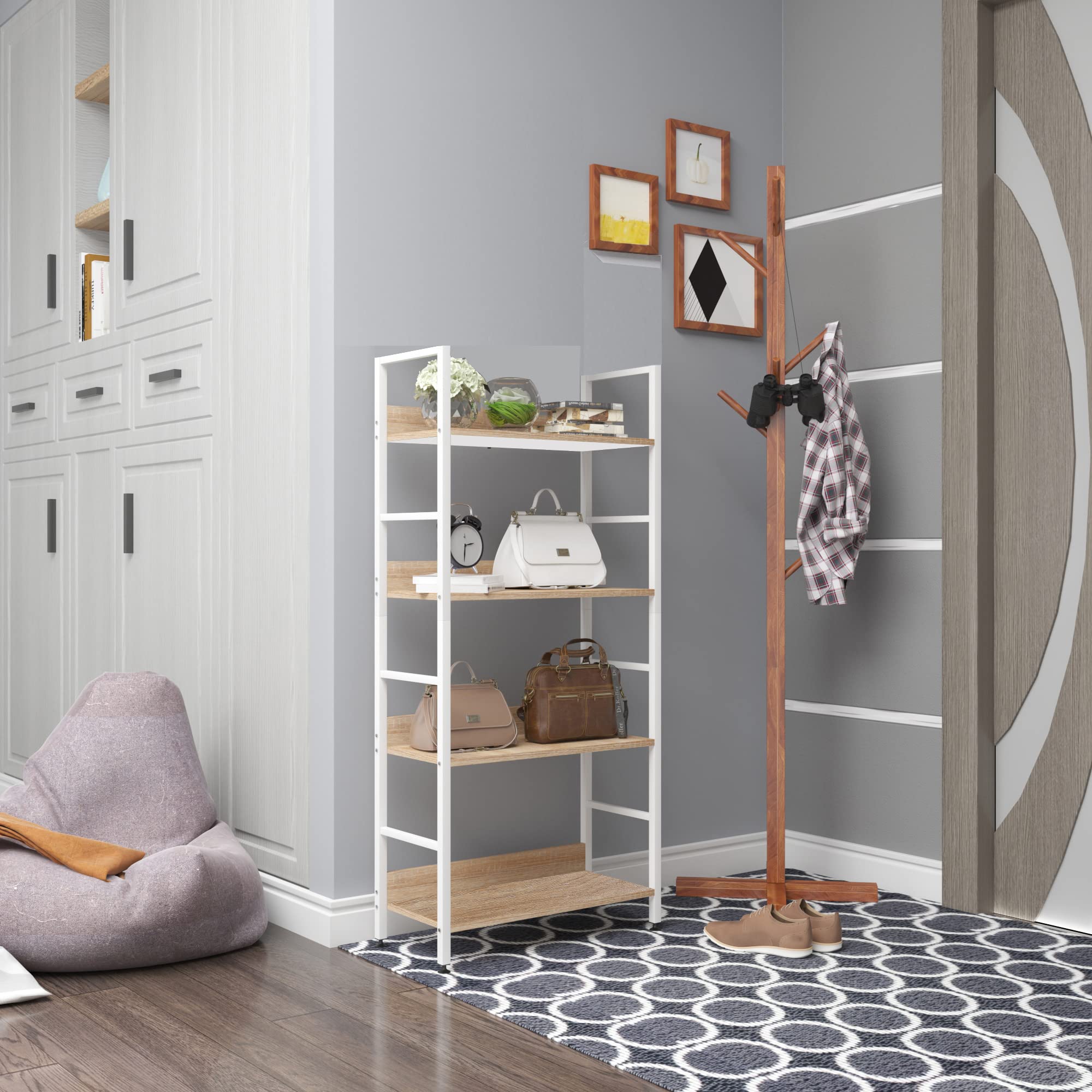 WOLTU Standregal mit 4 Ablagen Bücherregal Küchenregal Badregal aus Holz und Metal, Regale für den Abstellraum 60 x 27,5 x 126 cm Weiß + Hell Eiche RGB9304hei