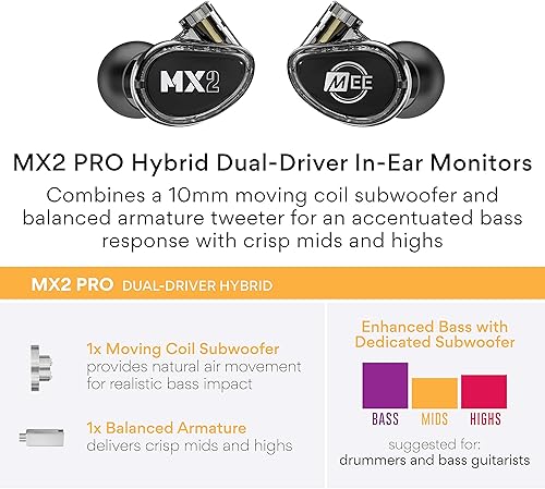 Miniatura 3 de MEE Professional MX2 PRO - Auriculares híbridos de doble controlador con subwoofer dedicado para graves realistas auriculares de aislamiento de