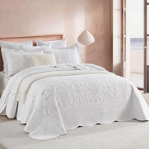 Bedduvit Juego de colcha extragrande de 120 x 128 pulgadas, 100% algodón natural, colcha blanca tamaño King, colcha suave y ligera, 3 piezas con