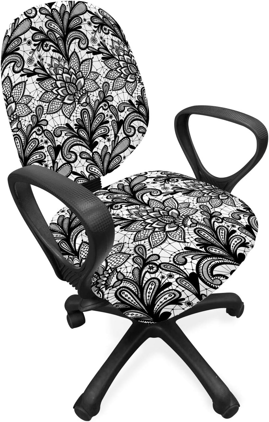 Ambesonne Leaf Office Chair Slipcover, Lace Style Graphic Ornament in Black and White Vintage Style Design with Gothic Look, Protective Stretch Decorative Fabric Cover, Standard Size, Black White