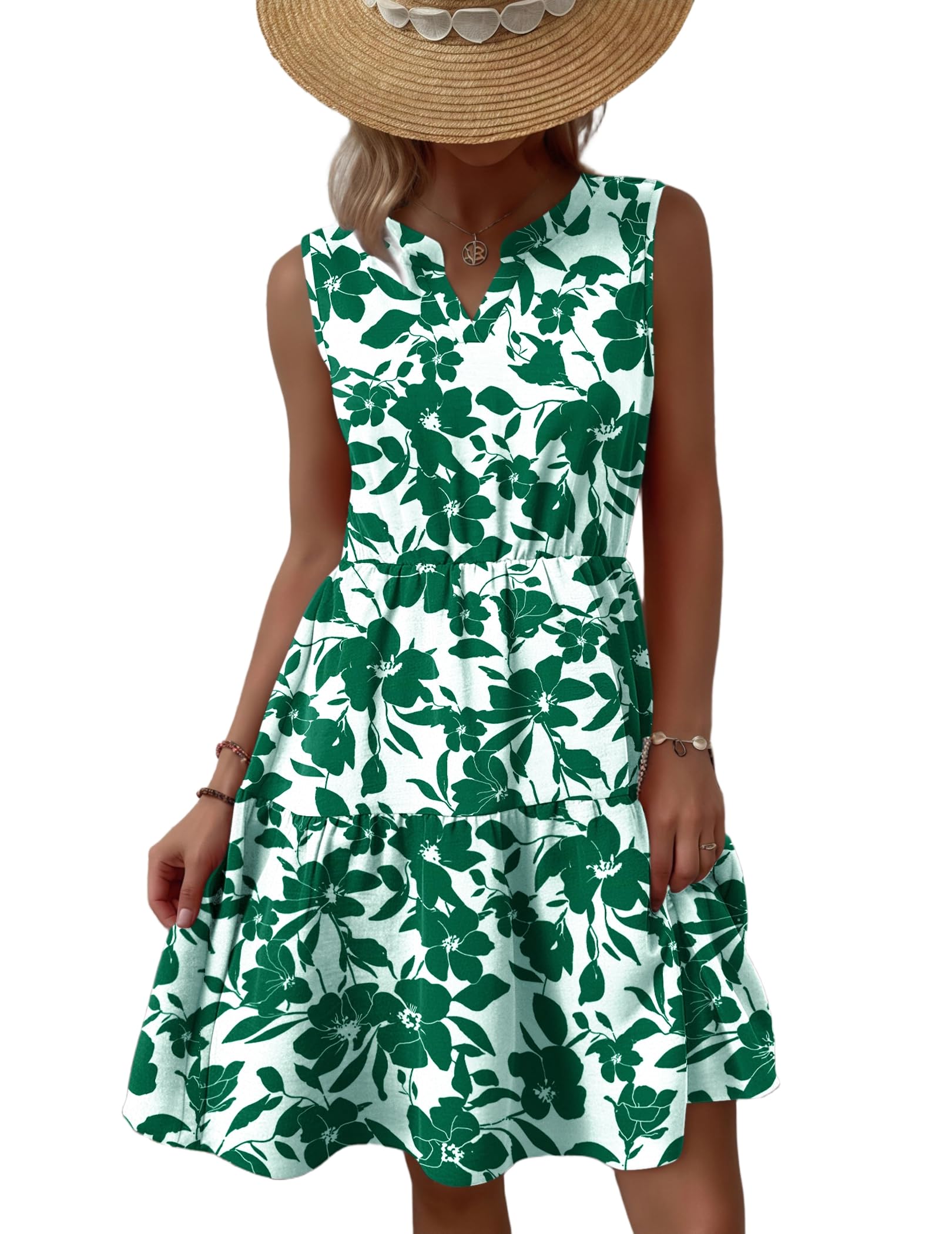 Zeagoo Women's Casual Sleeveless Beach Dress V Neck Floral Print Summer Dress Short A Line Casual Dress Loose Ruffle Mini Dress