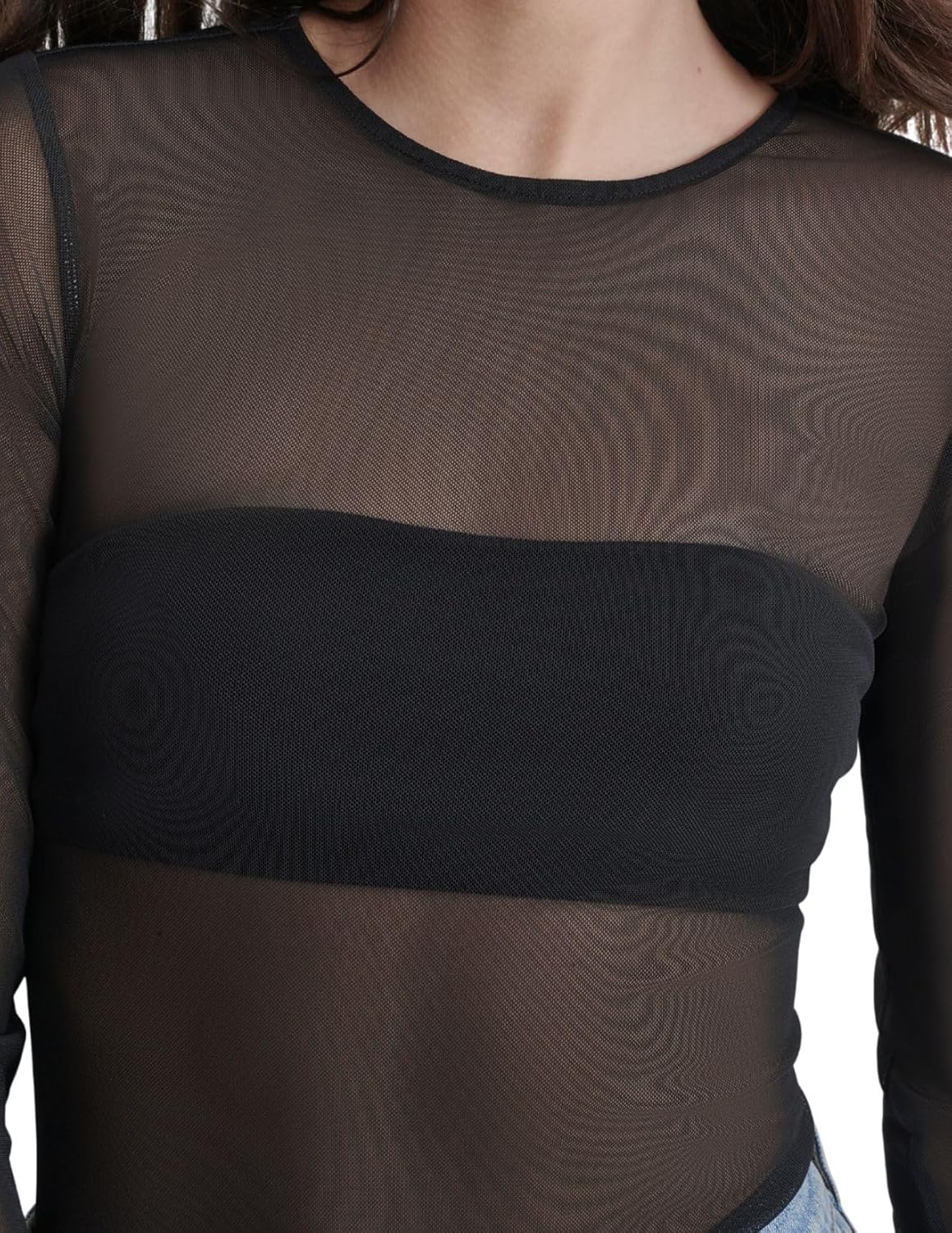 DKNY womens Long Sleeve Crew Neck Mesh Bodysuit