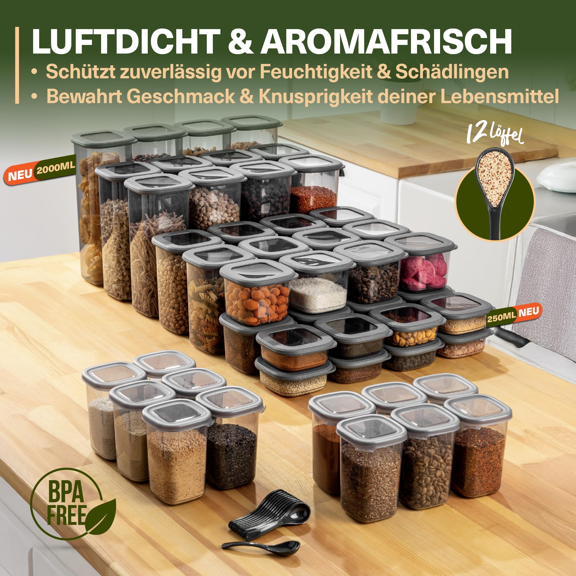 Viwares Contenitori con coperchio, ermetici, set da 48 contenitori senza BPA, per la conservazione della farina di cereali, cucina, pratico organizer da cucina, contenitori per alimenti