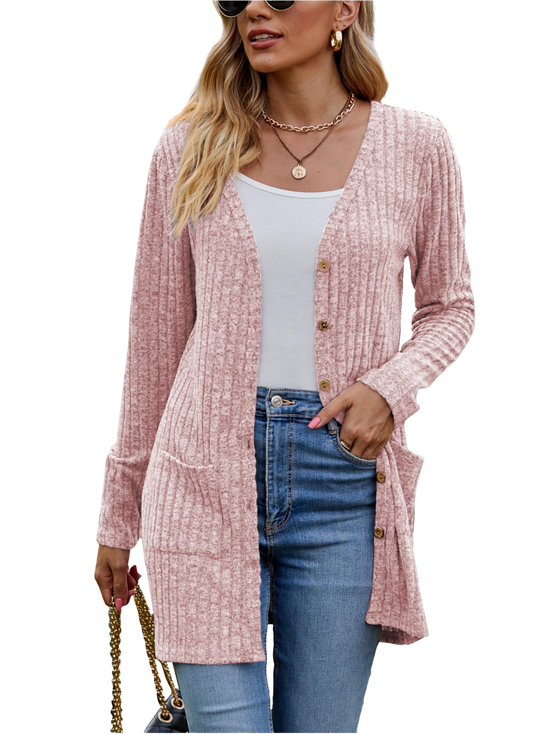 Famulily Frauen Langarm Open Front Cardigans, Button Down V Neck Leichte Outwear Pullover mit Taschen