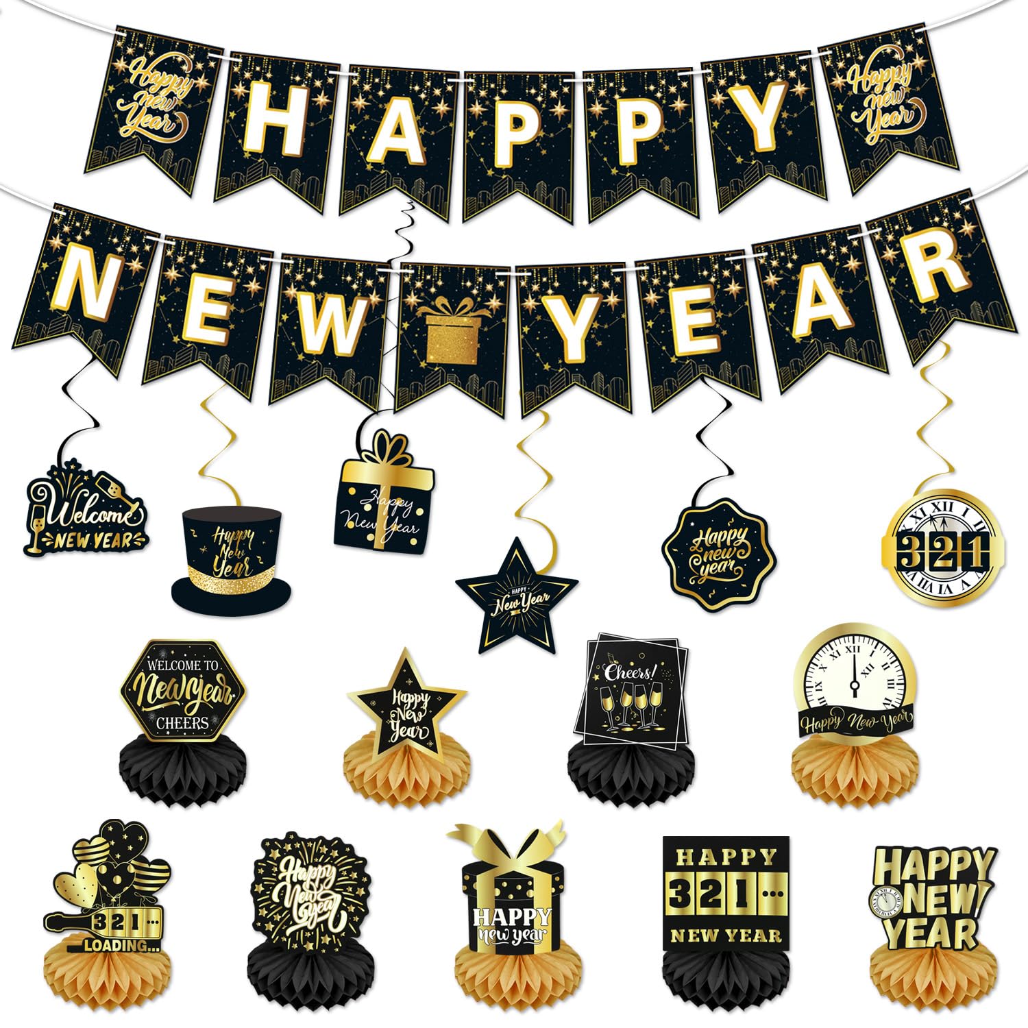 23 Pcs New Years Decorations Set - Black and Gold Happy New Year Banner, Hanging Swirls and Table Decorations Honeycomb Centerpieces for 2026 New Years Eve Party Supplies