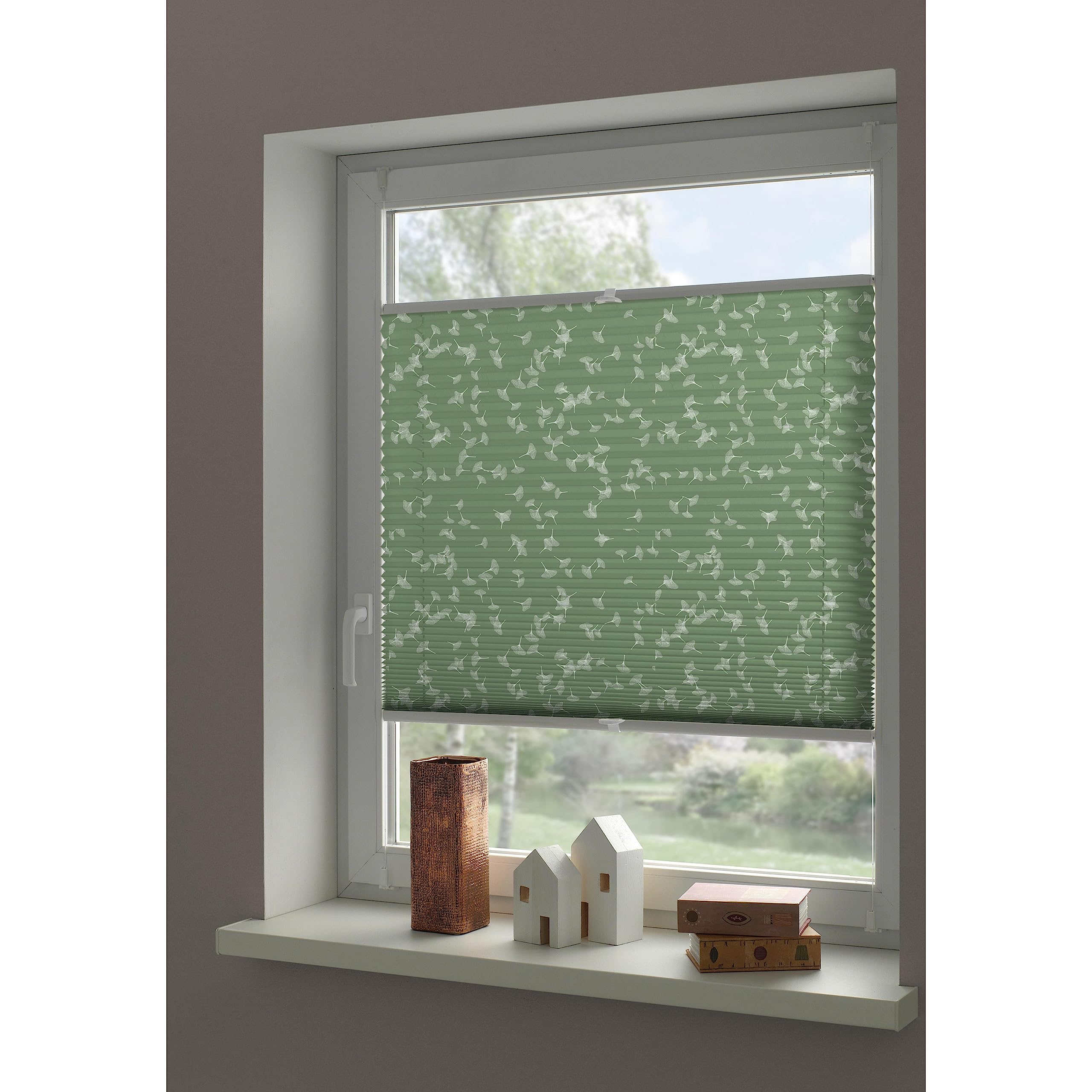 GARDINIA Plissee zum Klemmen, Blickdichtes Faltrollo, Alle Montage-Teile inklusive, Plissee verspannt mit Zwei Bedienschienen, Japandi Ginkgo Jade Green, Grün, 90 x 130 cm