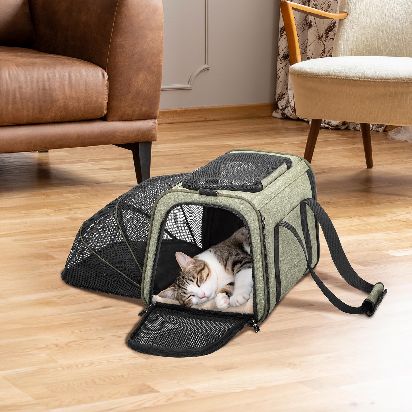Petsfit - Transportín expandible para mascotas aprobado por aerolíneas, transportador de gatos y perros de lado suave portátil, con alfombrilla de felpa extraíble, cierres de seguridad con candado y