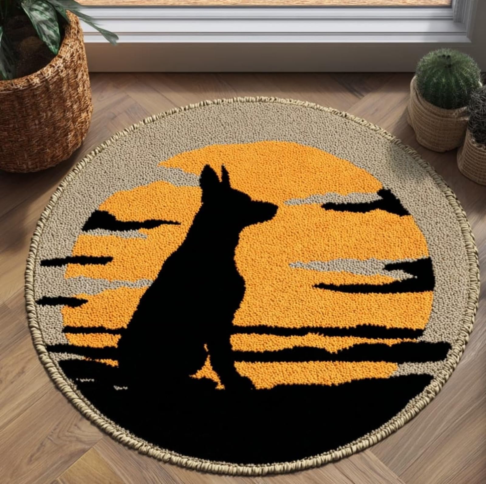 WallustrioaW DIY Latch Hook Rug Kits,Dogs at Sunset,Pre-Printed Canvas DIY Rug Making Kit,Cross Stitch Carpet Crochet Crafts - Home Decor Project,50x50cm