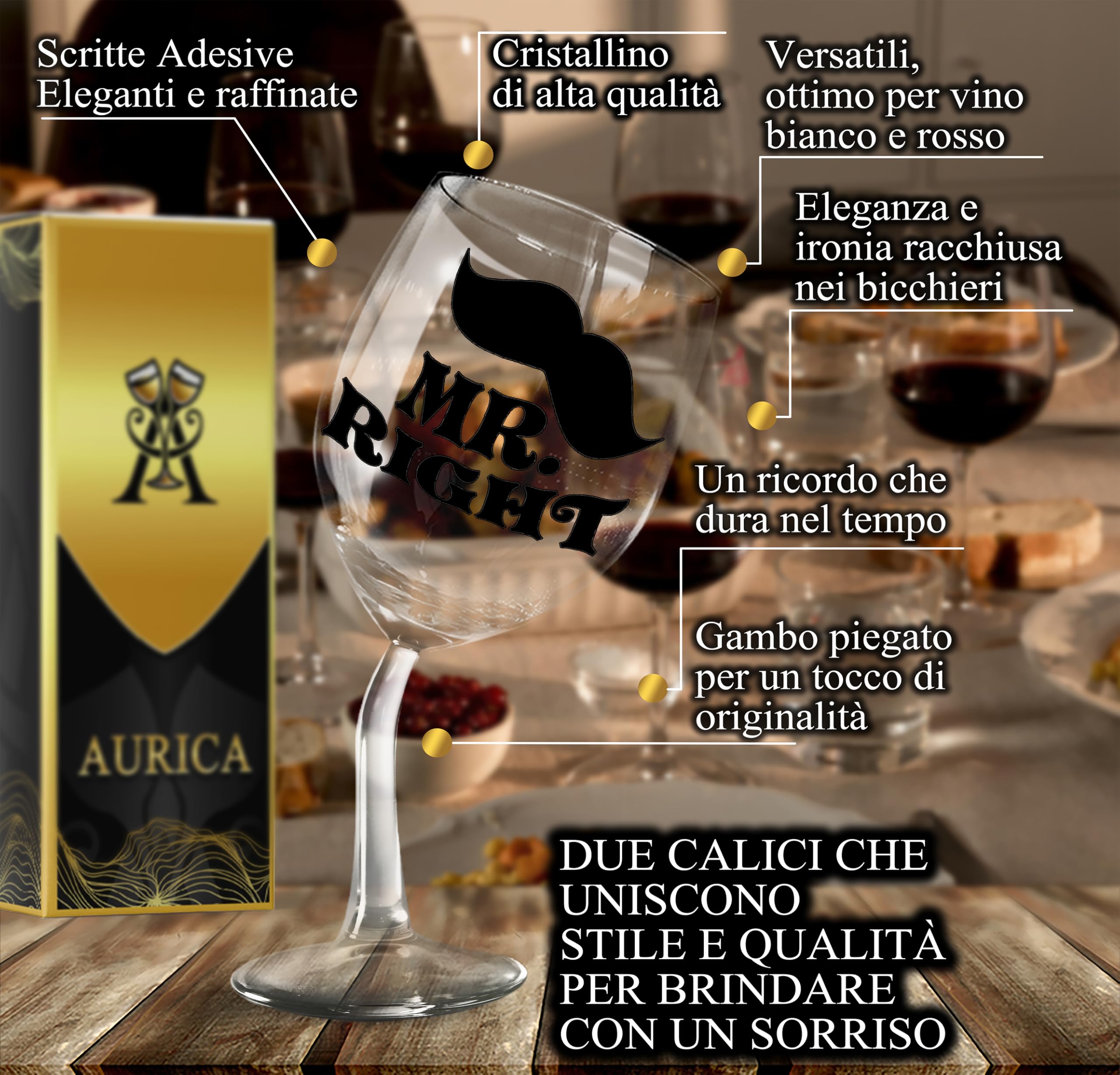 Calici Vino Personalizzati MR & MRS RIGHT – Calici Coordinati Per Brindare Insieme Con Ironia - Regalo Di Coppia Per San Valentino Con Bicchiere Piegato E Confezione Regalo Inclusa