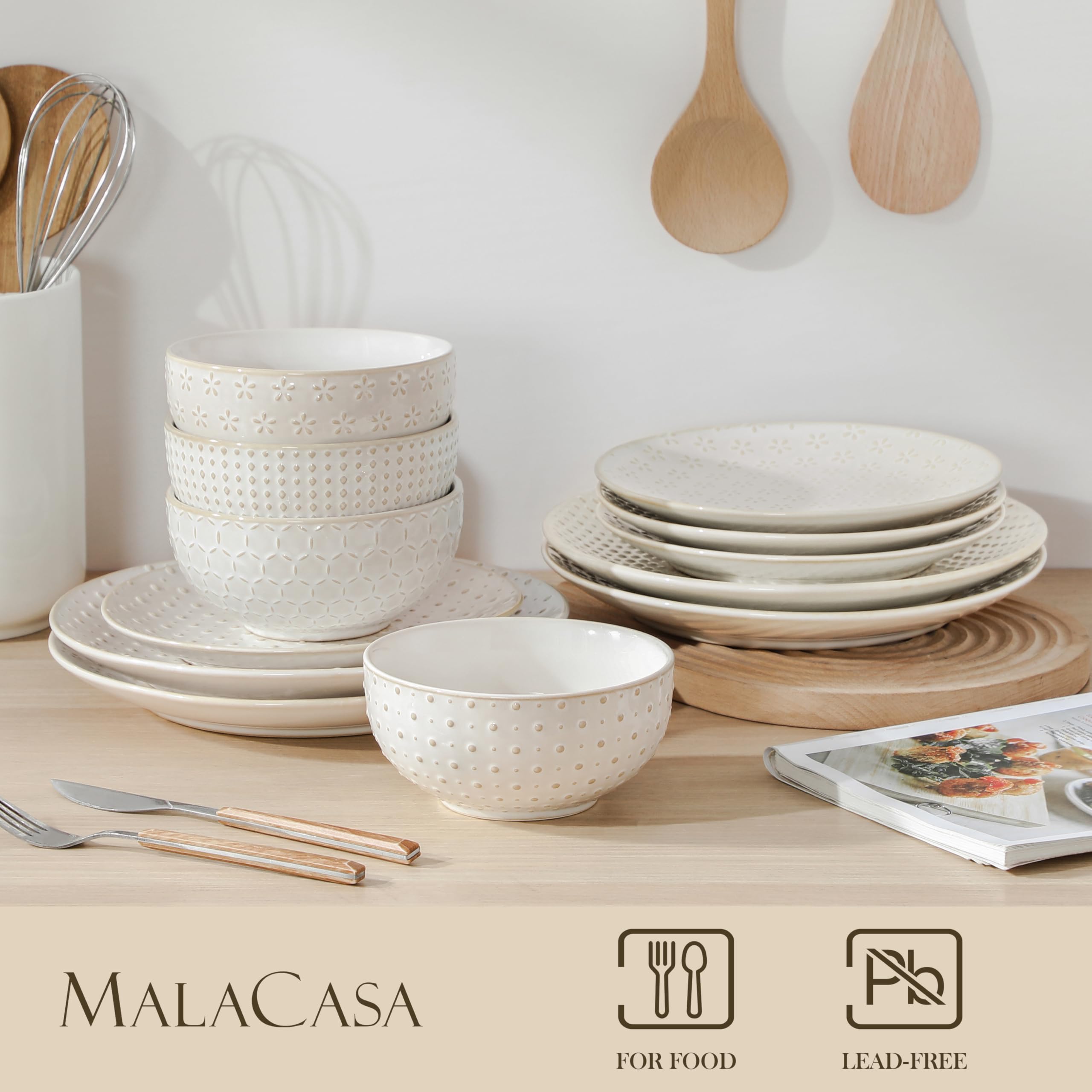 MALACASA 12-częściowy zestaw obiadowy dla 4 osób, zestawy talerzy i misek, 12 sztuk, wytłaczane zestawy obiadowe z kamionki, ceramiczne zestawy obiadowe, nadają się do kuchenki mikrofalowej, seria