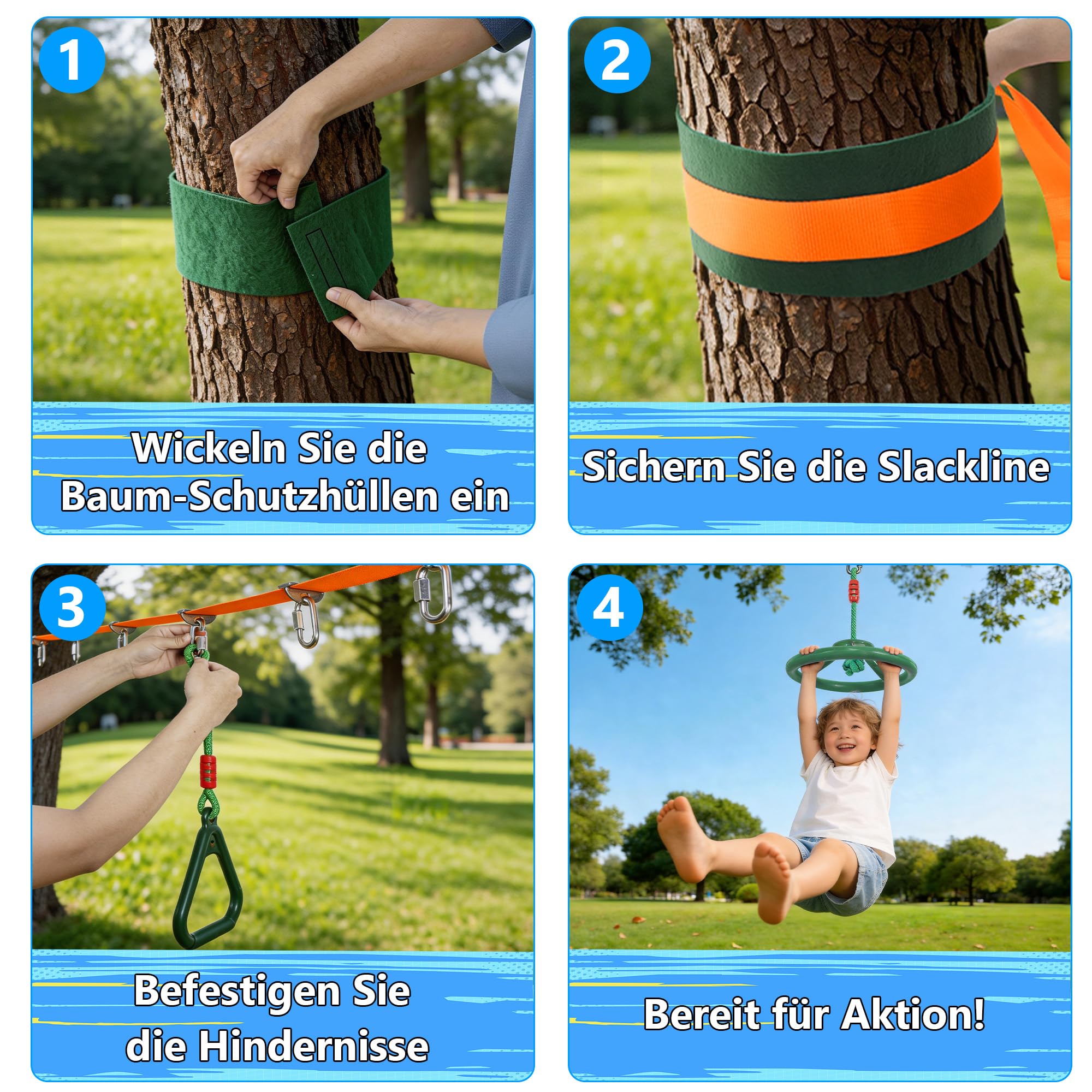 Ninja Warrior Slackline Set für Kinder, Ninja Line Kinder, Slackline 15M Hindernisse Set, Turnringe Schaukel Kletterleiter Zubehör Erweiterbar Warrior Parcours Outdoor, Geeignet für Anfänger