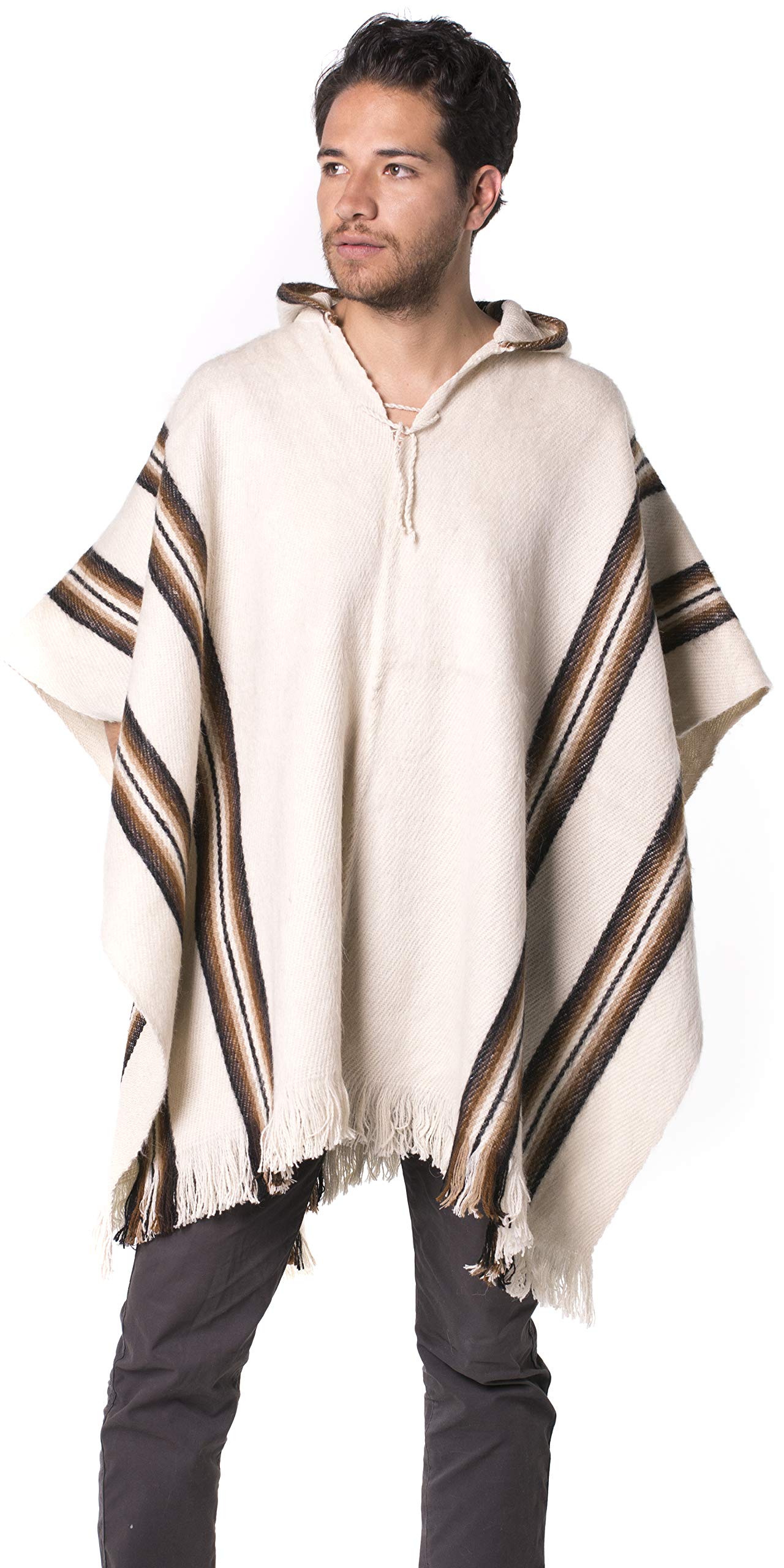 Gamboa - Hooded Alpaca Poncho - White with Stripes and Fringes