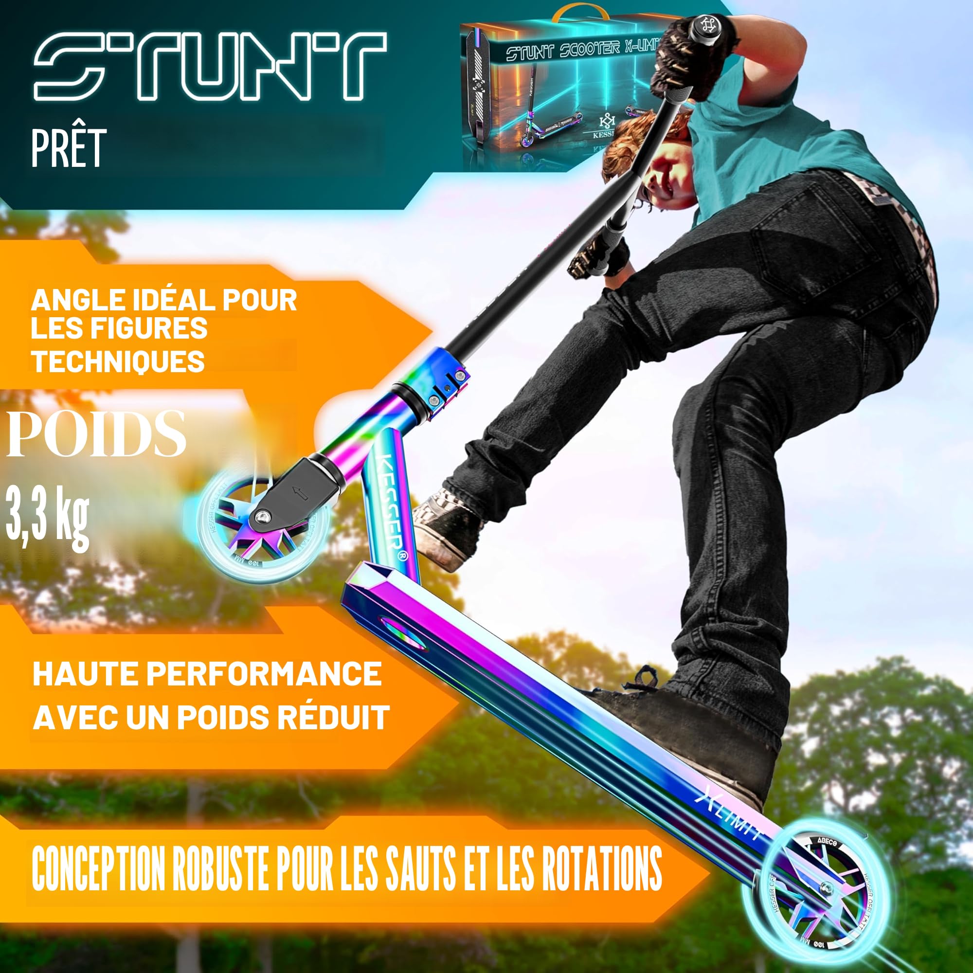KESSER® Trougetinette de Freestyle X-Limit-Pro 360Ḟ Direction trougetinette Funscooter trougetinette de Freestyle avec béquille ABEC 9 roulements à Billes, Roues en PU 110 mm,