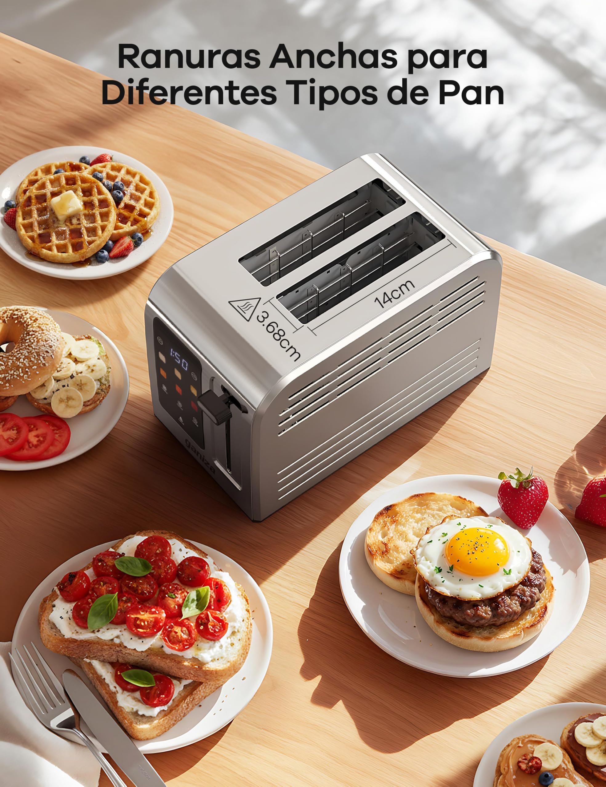 Ganiza Tostadora Inteligente para 2 Rebanadas, Acero Inoxidable con Pantalla Táctil, 6 Niveles de Tostado,Temporizador Digital, Ranura Ancha, +/-10 s, Bandeja Recogemigas, 925 W