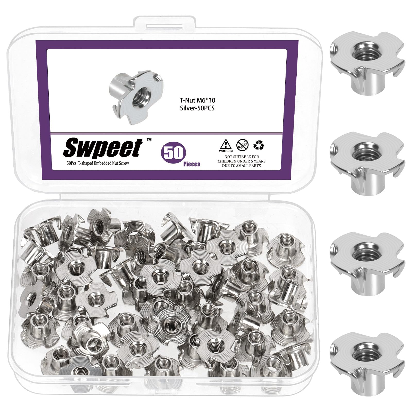 Swpeet 50Pcs M6×10 Nickel Plated T-Nuts, 4-Pronged Tee Nut, Threaded Inserts, Bolt Dropper T-Nut Wood Insert for Furniture, Cabinet, Wood, Rock Climbing Holds