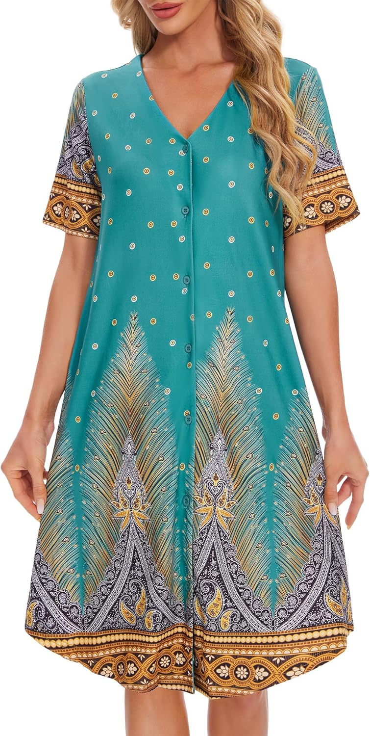 Moo Moos Nightgowns for Women with Pockets Button Down Sleepshirt Short Sleeve House Dress Floral Print Mumu Dresses