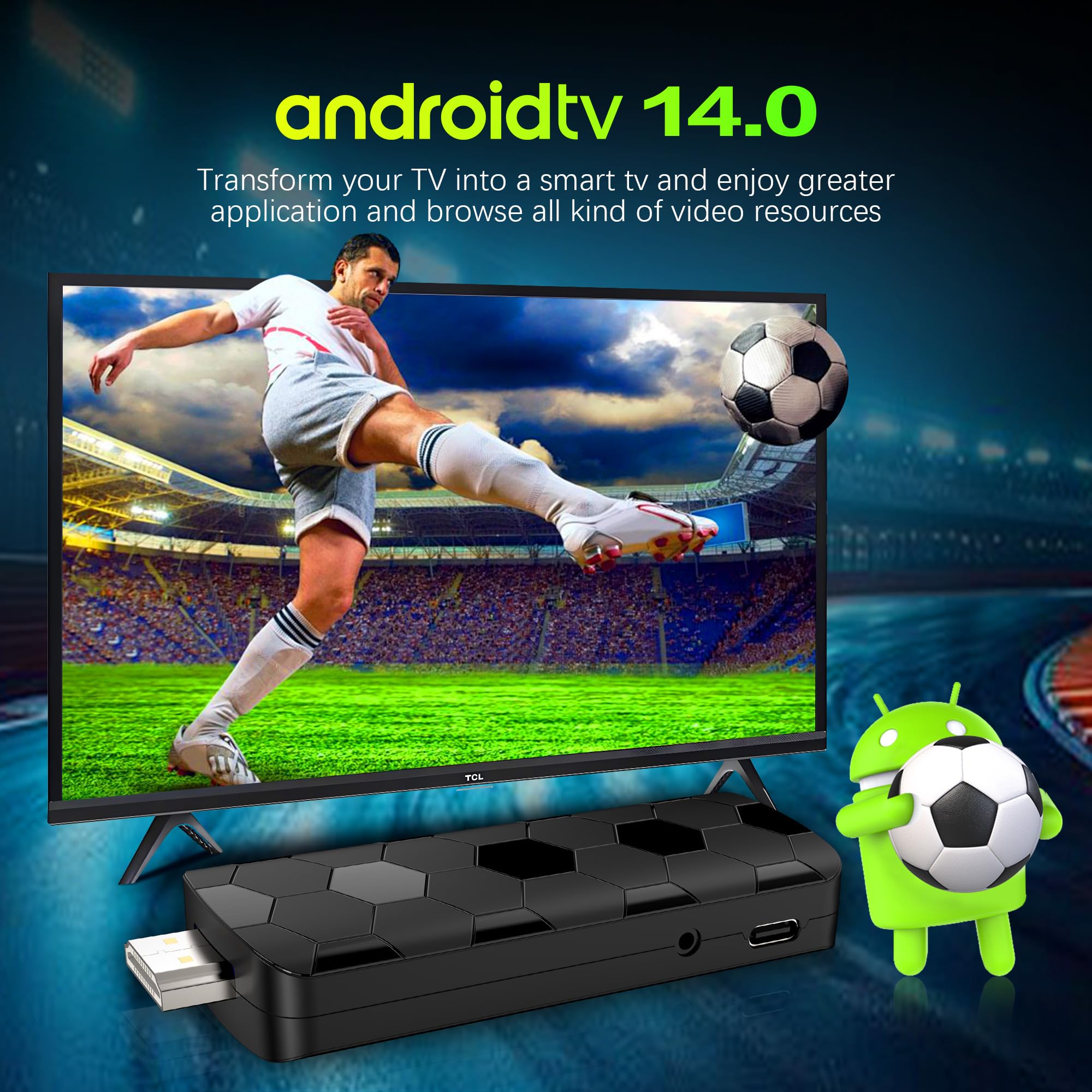 Android TV Stick 14.0, 2 Go RAM + 16 Go ROM, Puce RK3518, WiFi Double Bande 2,4G/5,8G, BT5.4, HDMI 2.0, 8K HD, Noir