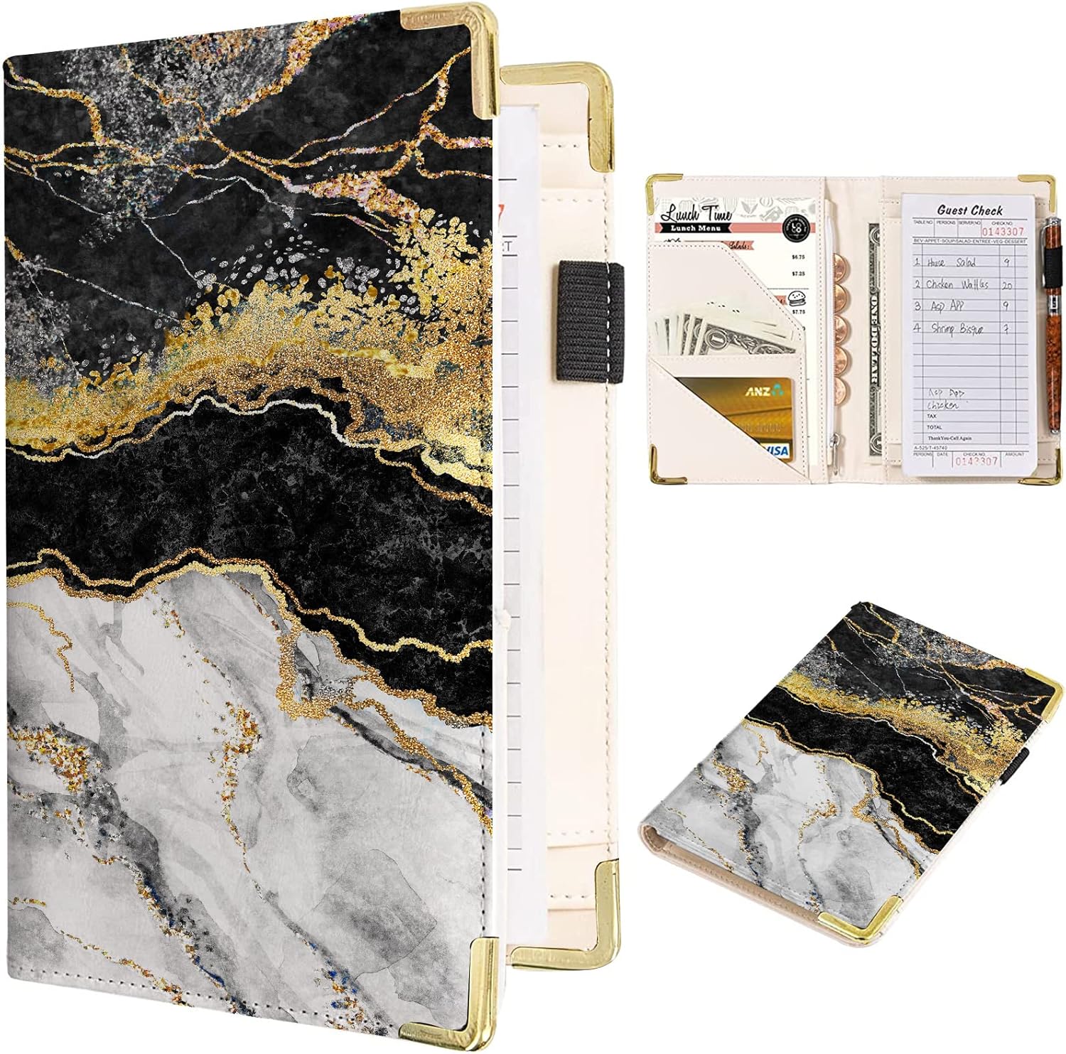 Tucocoo Server Book, Marble with Golden Veins Waitress Book