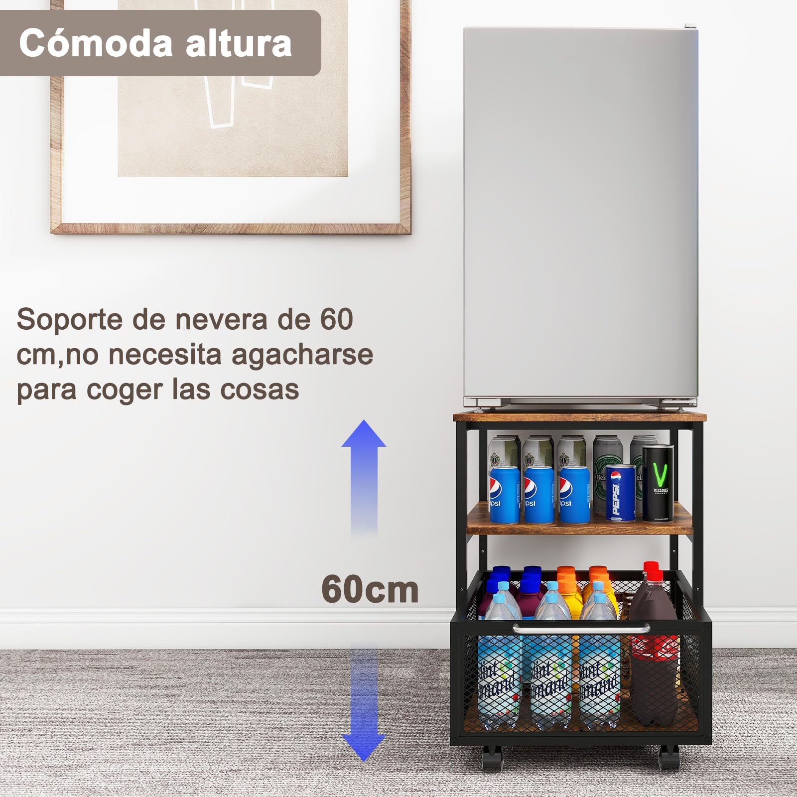PUNCIA Soporte para Mini Nevera 3 Niveles con Cesta Metálica para Oficina | Mueble Mesa para Frigorífico con Base Móvil para Refrigerador con Ruedas Estante de Almacenamiento con Cajón Cocina Salón