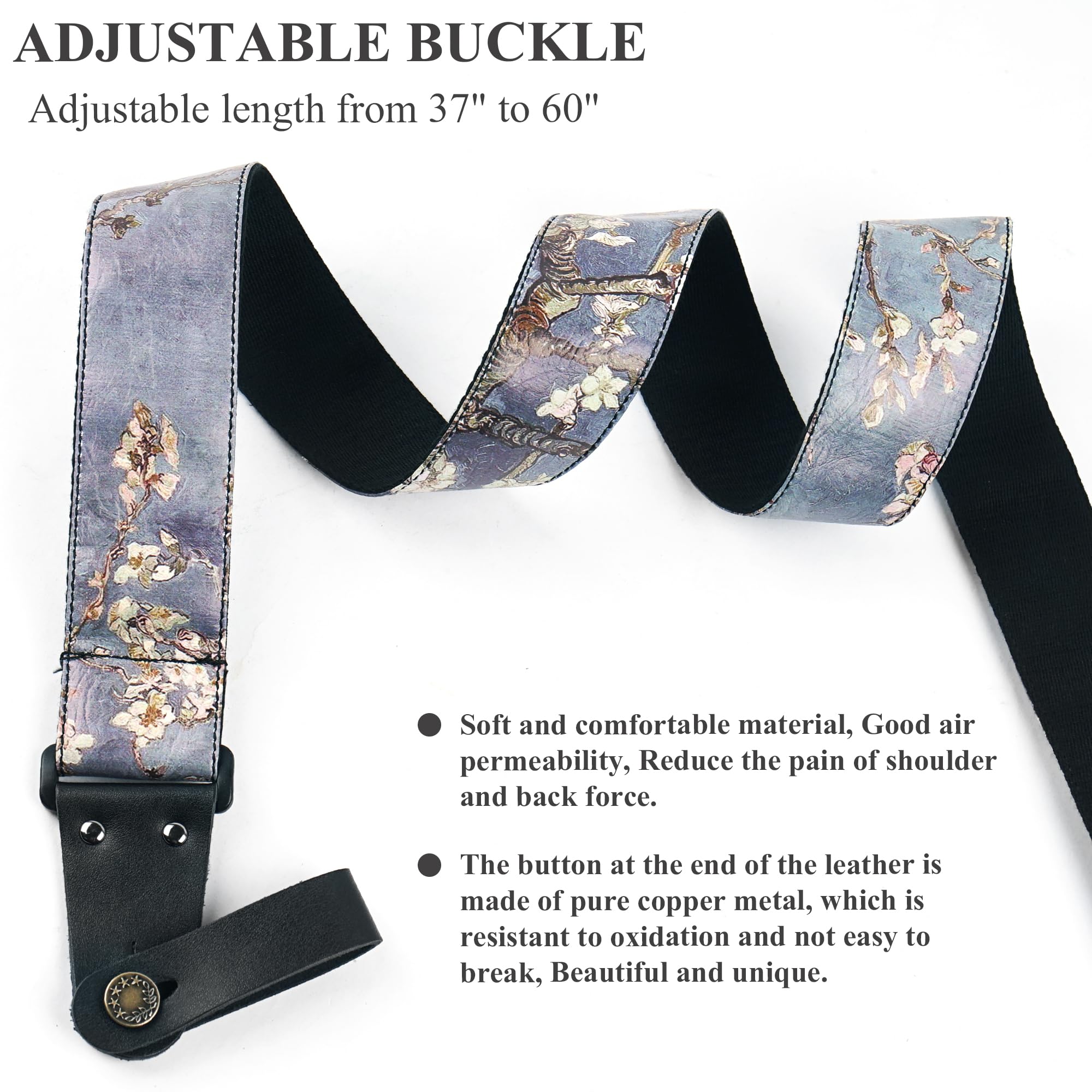 Czzmy Adjustable Guitar Strap Includes 2 Strap Locks & 2 Matching Picks.Leather ends Guitar Shoulder Strap Suitable for Acoustic Guitar,Electric Guitar,Gift for Guitarist(1-Peach Blossom2) - Image 3
