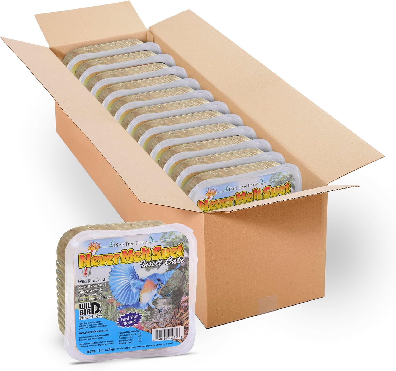 Pine Tree Farms Never Melt Insect Suet Cake for Wild Birds, No Mess Bird Suet Cakes, 12 oz. (Pack of 12)