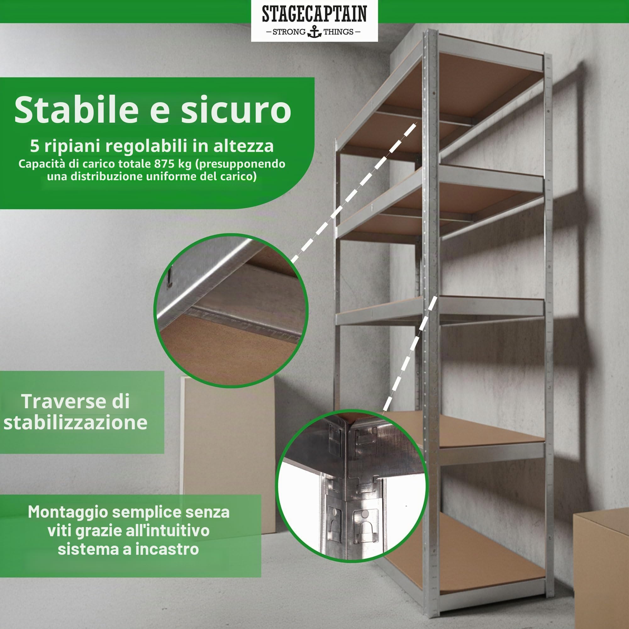 Stagecaptain Heavyrack HR-175 SR Sistema di 4 Scaffali in Metallo - Scaffalatura per magazzino - Scaffale per carichi pesanti - 875kg di capacità di Carico - 5 ripiani in legno regolabili - Argento