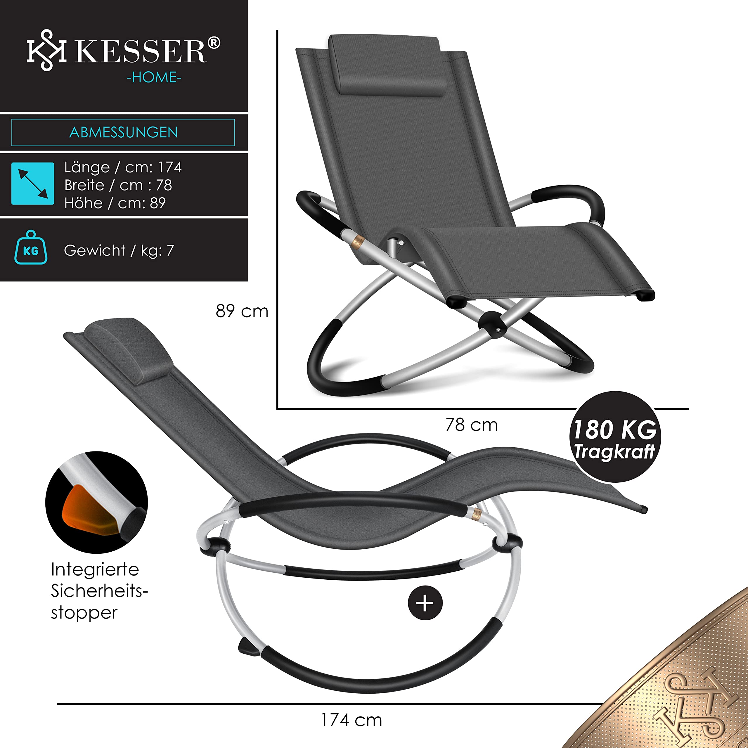 KESSER® Leżak relaksacyjny | leżak ogrodowy | krzesło ogrodowe | składane | leżak zamachowy | ergonomiczny fotel relaksacyjny | odporny na warunki atmosferyczne | obciążenie 180 kg, Antracyt