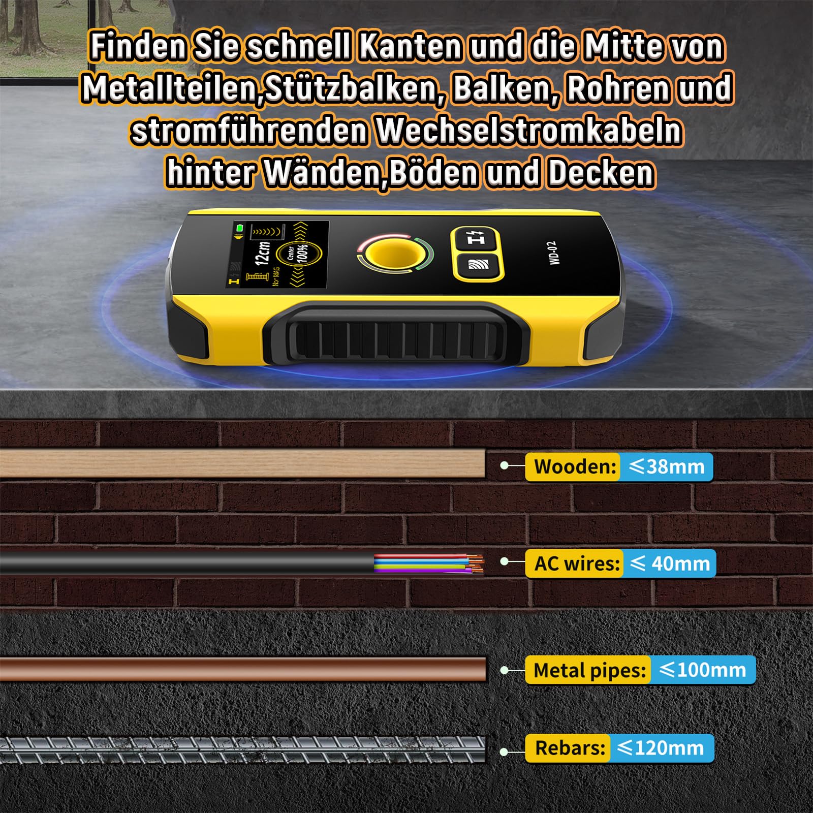 WD-02 Wandscanner Ortungsgerät, Leitungssuchgerät mit TFT-Display & Positionierungsloch, Wandmetalldetektor für Mitte und Kante von Holzständern, Metallteilen, Kabeln, Rohren und Balken