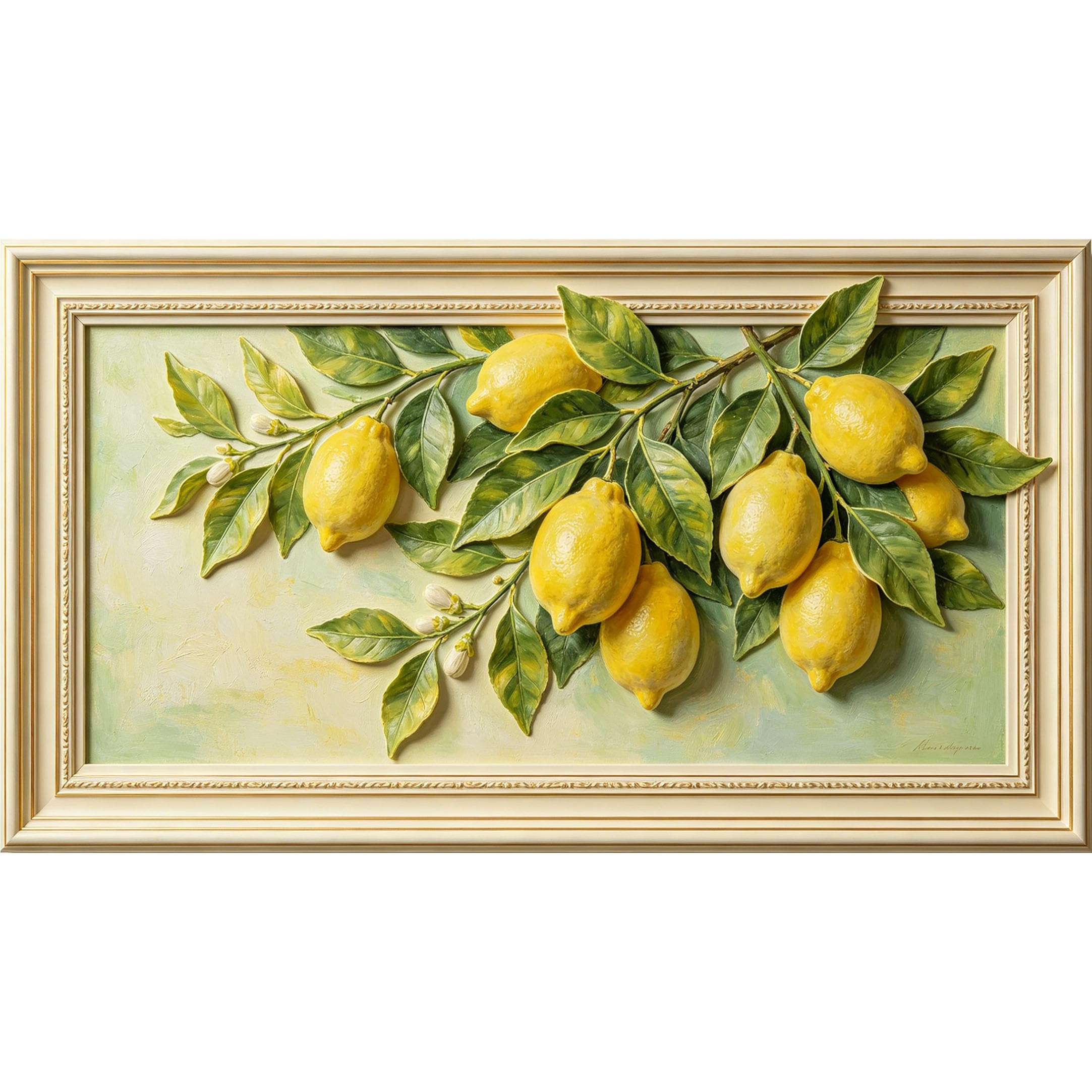 QZLITHOTIC 50x90cm3D Framed Wall Art， Botanical Lemon Branch Self‑Adhesive Mural， Water‑Activated Peel & Stick Fabric Decor Wall Decal for Bedroom Living Room