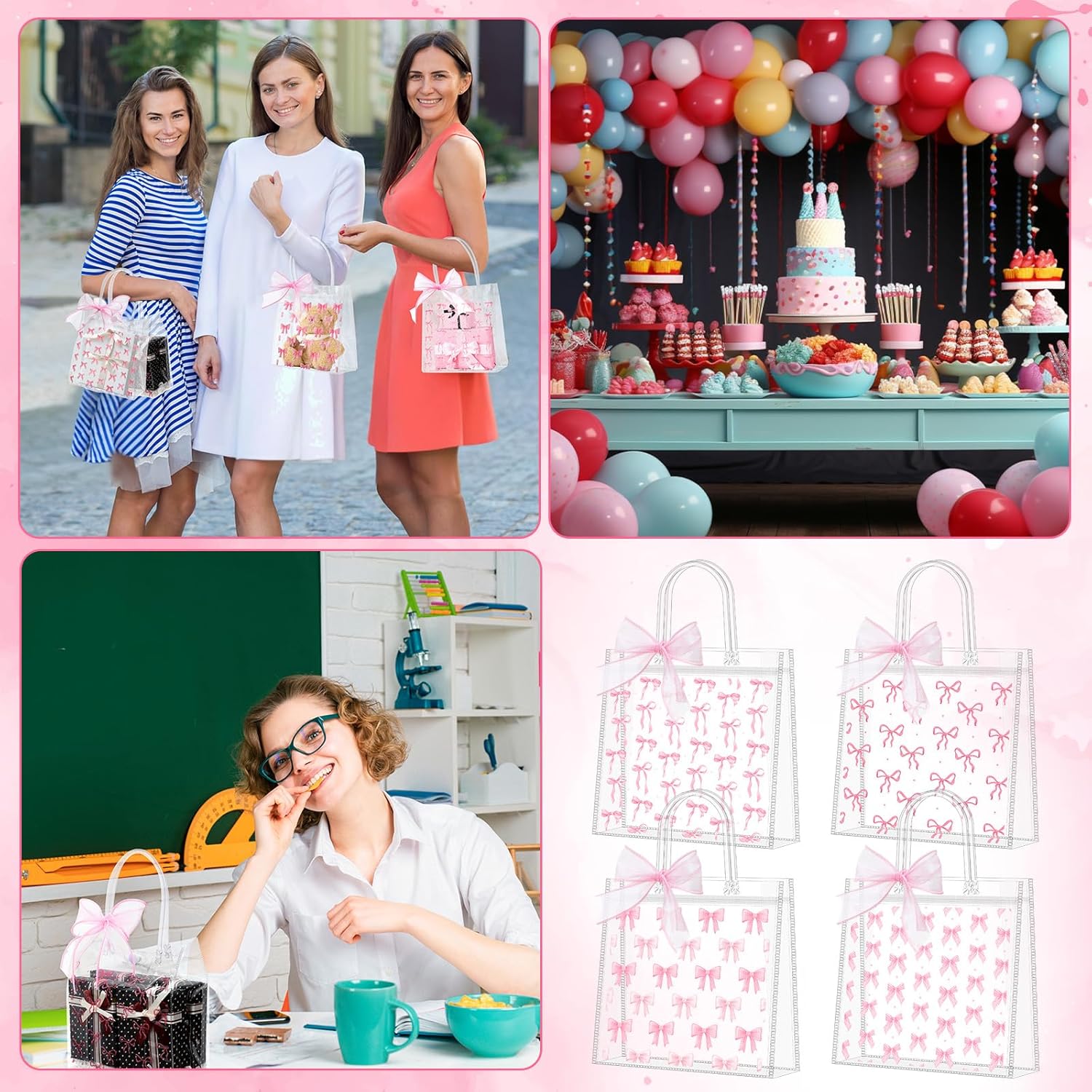 Kolldenn 48 Pcs Pink Bow Clear PVC Gift Bags with Handle Ribbon Reusable Pink Coquette Bowknot Goodies Treats Totes Bulk for Birthday Wedding Baby Shower Party Supplies, 5.9 x 6.3 x 2.8 Inch - Image 8