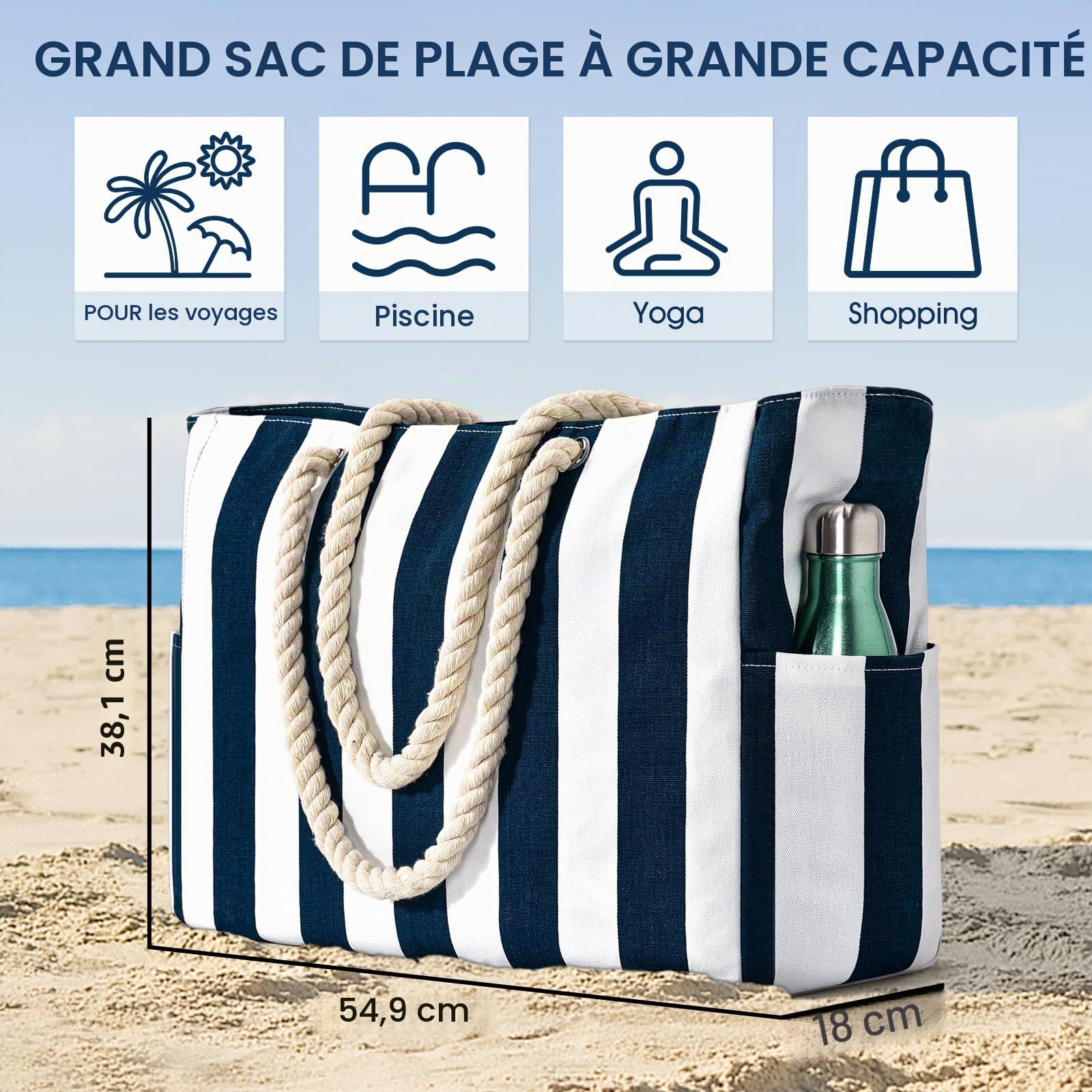 oscaurt Sac de plage imperméable à rayures avec fermeture éclair et poche anti-humidité, grand sac de plage pour femme