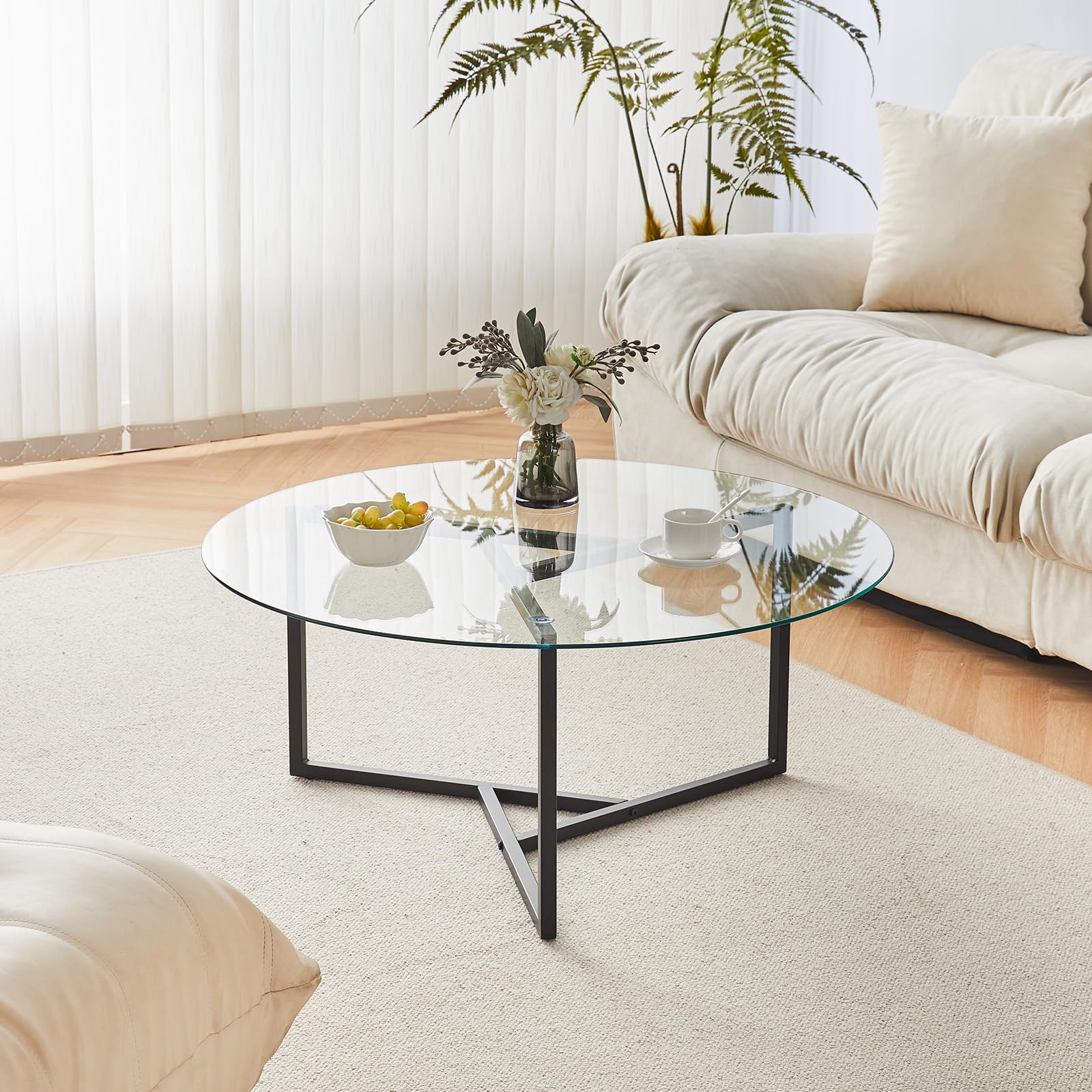 TUKAILAi Round Tempered Glass Coffee Table, Modern Home Accent Table with Metal Frame, Minimalist Style Center Table for Living Room, Bedroom, Office (Clear Glass)