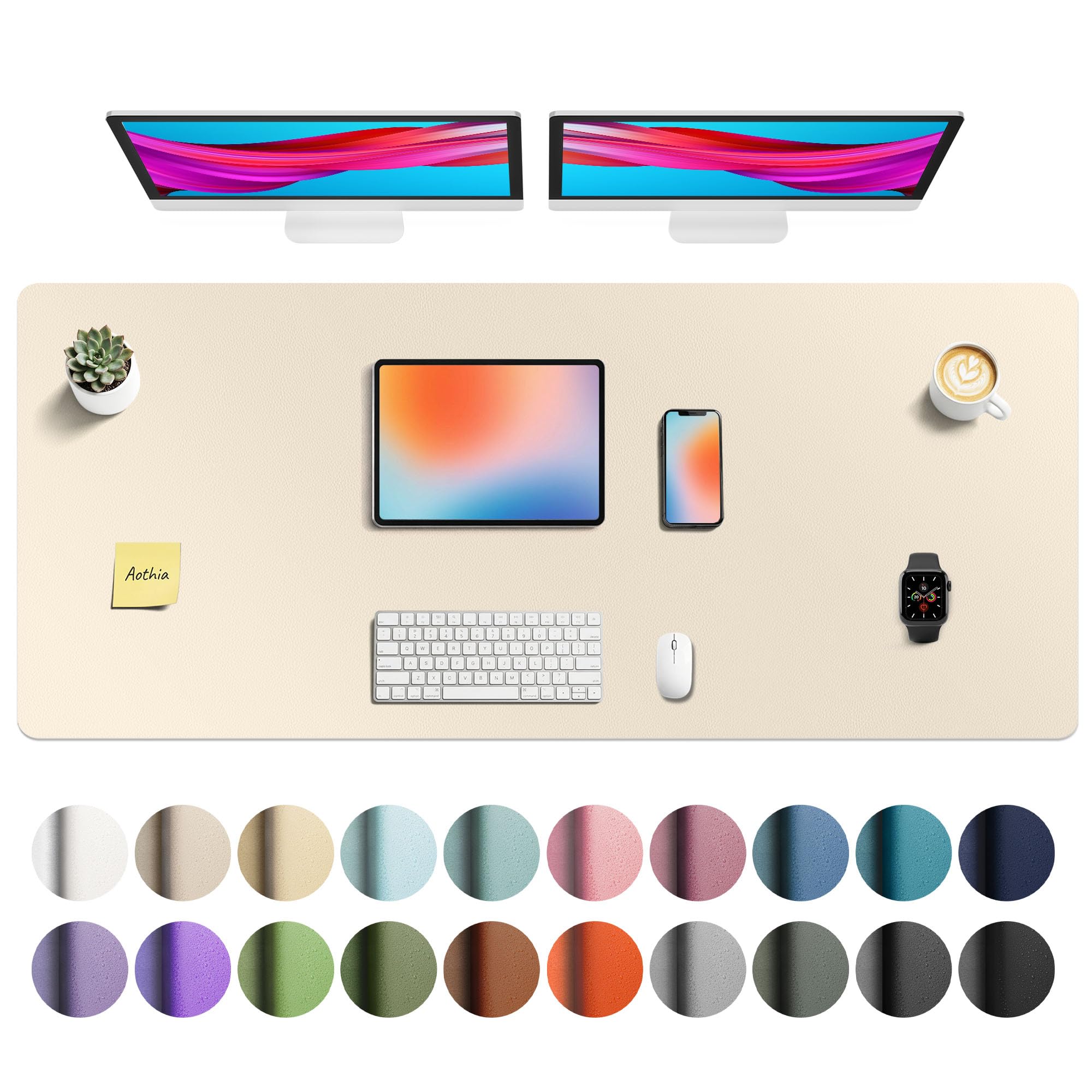 Aothia Faux Leather Desk Mat - Non-Slip PU Leather Desk Blotter, Waterproof Writing Surface, Large Desk Pad for Office &amp; Home (Beige, 55" x 24")