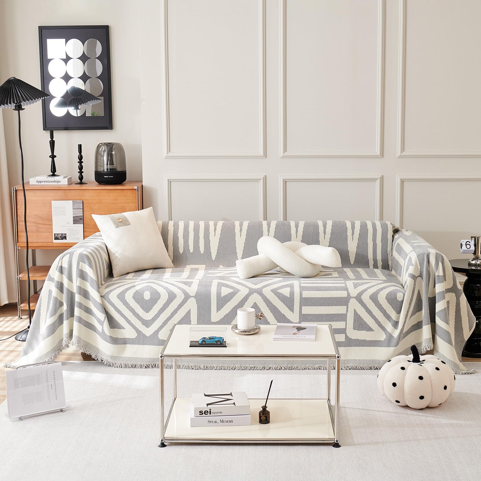 VClife Boho Modern Sofa Cover White Geometric Pattern 4 Cushion XXL 71"X150" Pet-Friendly Washable Chenille Couch Protector