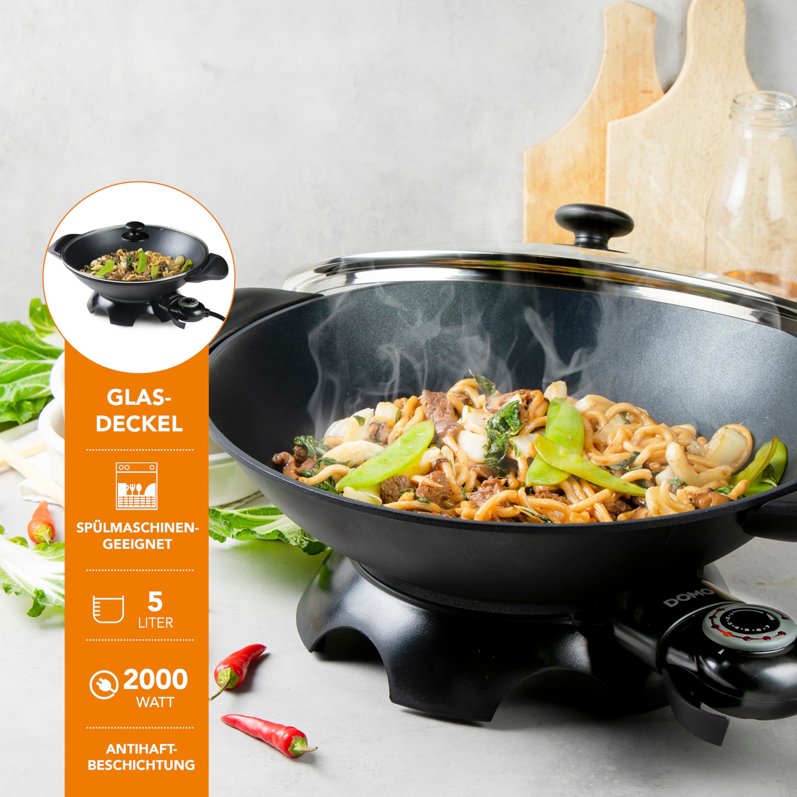 Domo DO-8708W - Wok eléctrico, 2200 W, color negro
