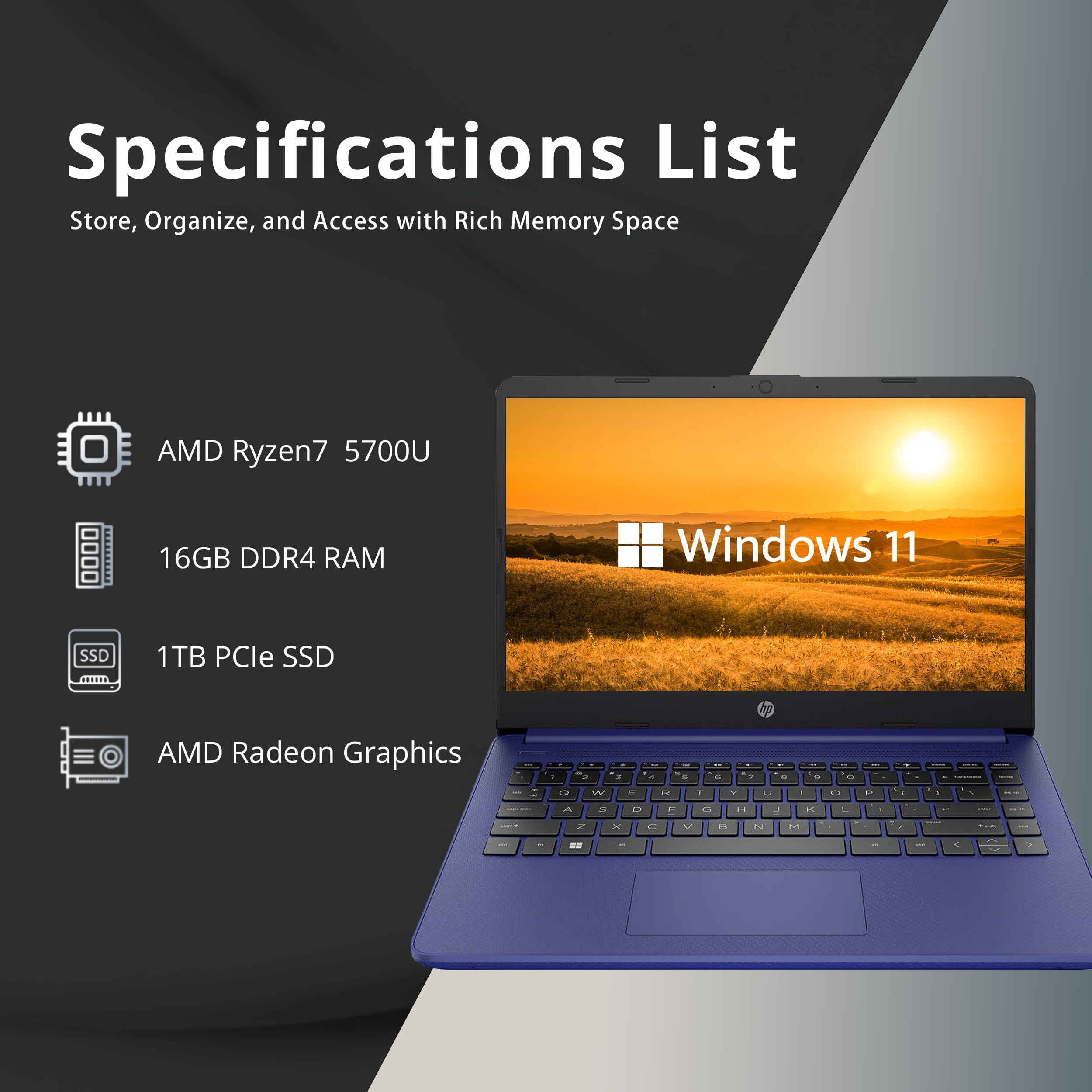 Amazon.com: HP 14” HD Touchscreen Laptop, AMD Ryzen 7-5700U, 16GB