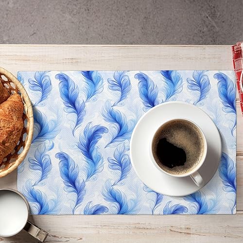 Miniatura 5 de Dining Table Placemats Set of 4-12x18 Inch Blue Feather Print Faux Linen Double Heat Resistant Place Mats, Kitchen Table Mats, Wipeable Washable