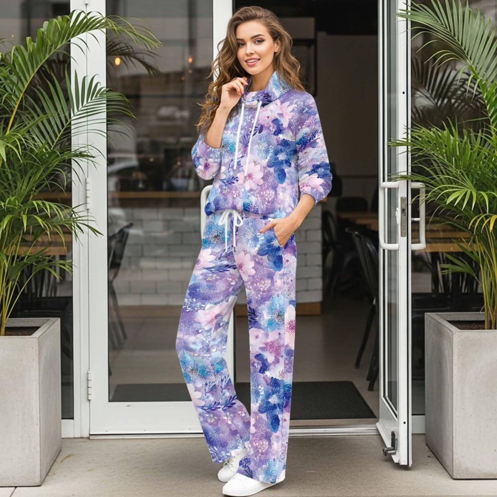 SEANATIVE Damskie 2 szt. Stroje Ponadwymiarowy dres z szyją Dres z szerokimi nogawkami Spodnie dresowe Jesień Lounge Plus Size Odzież sportowa